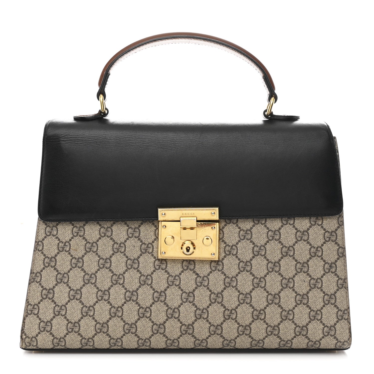 Gucci GG Supreme Monogram Calfskin Medium Padlock Top Handle Bag Beige Black Cuir