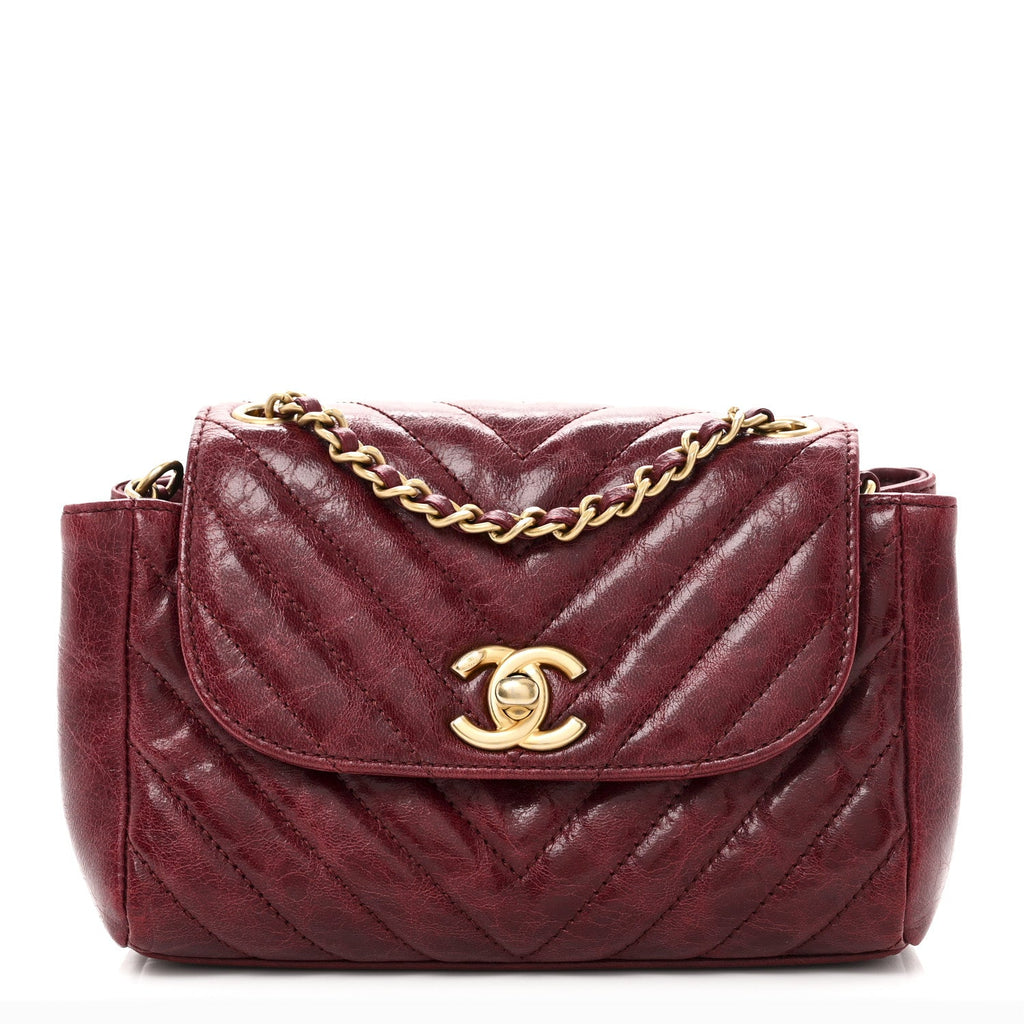 Chanel Glazed Calfskin Chevron Quilted Small Hampton Flap Burgundy