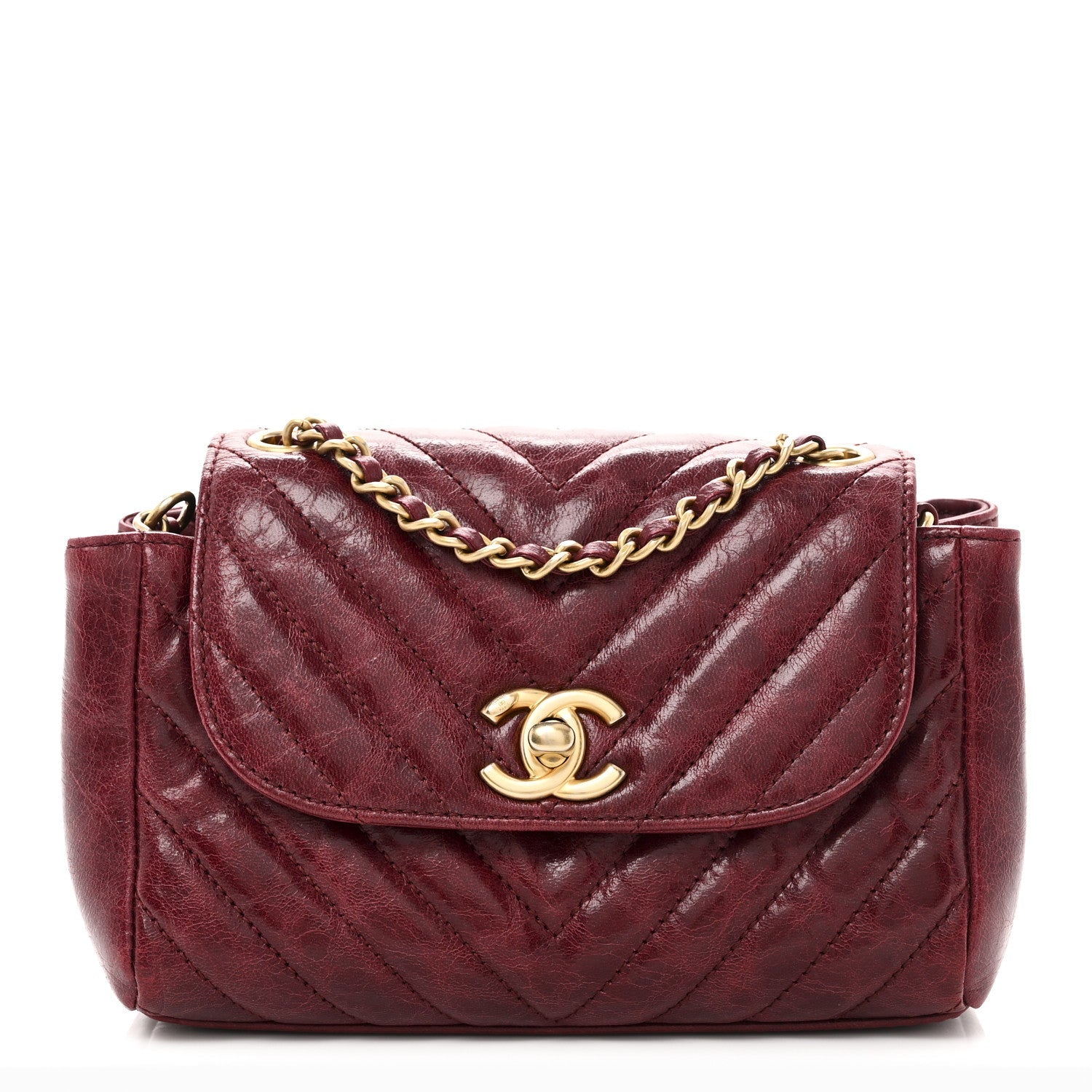 Chanel Glazed Calfskin Chevron Quilted Small Hampton Flap Burgundy