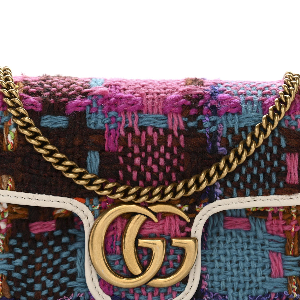 Gucci Tweed Calfskin Spicy Check Super Mini GG Marmont Shoulder Bag Pink Multicolor Mystic White