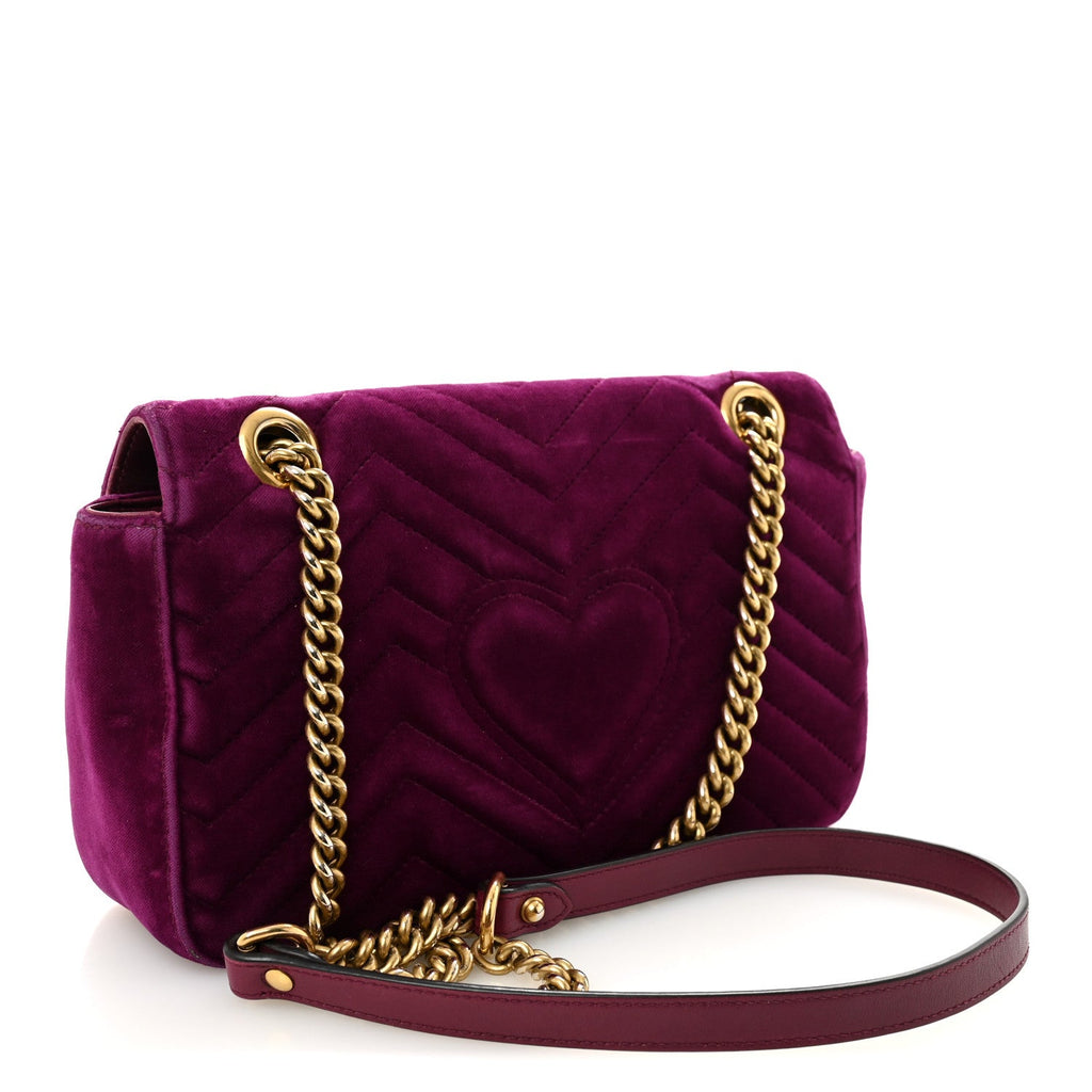 Gucci Velvet Matelasse Small GG Marmont Shoulder Bag Fuchsia Violet Cyclamen