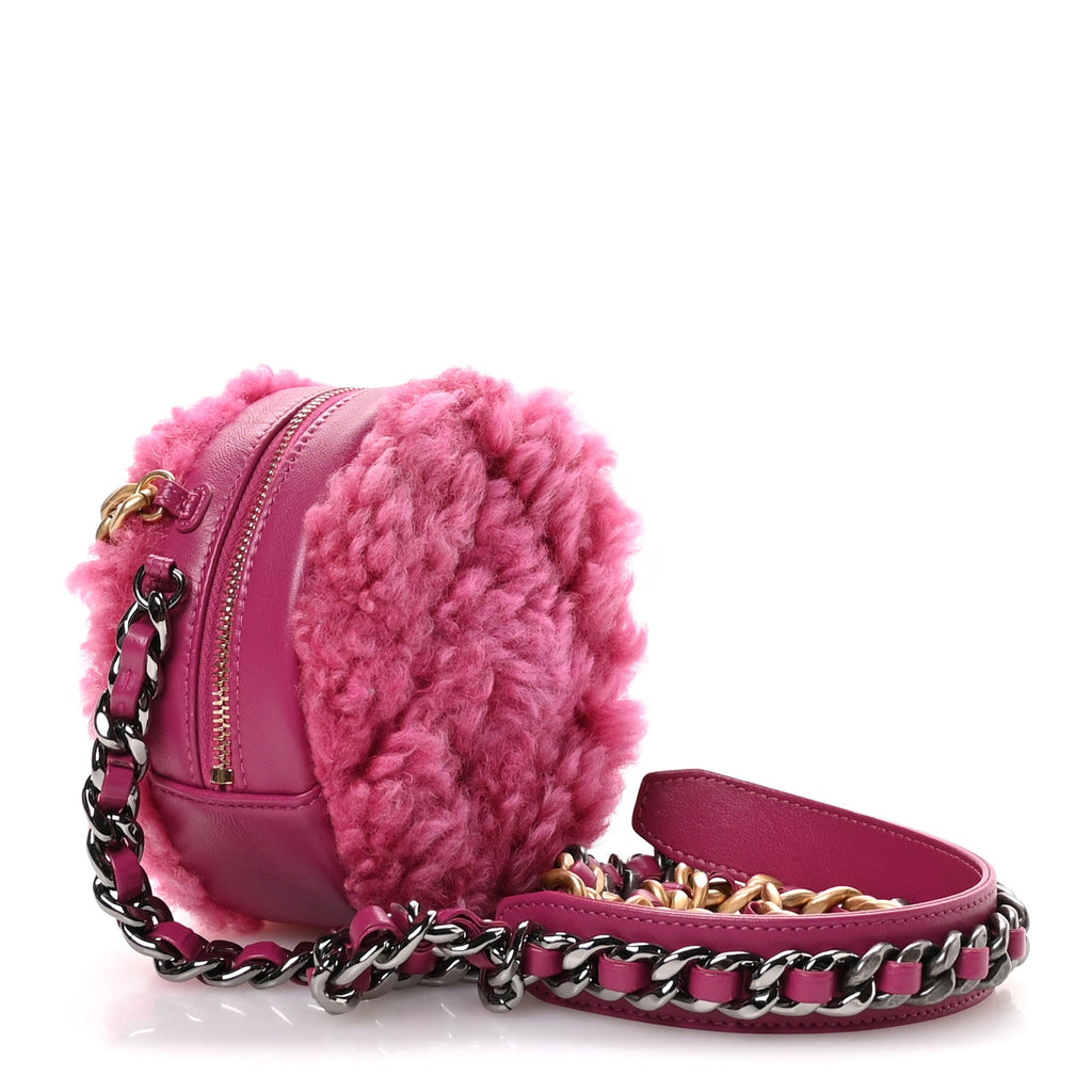 Chanel Shearling Sheepskin Chanel 19 Round Clutch With Chain Dark Pink