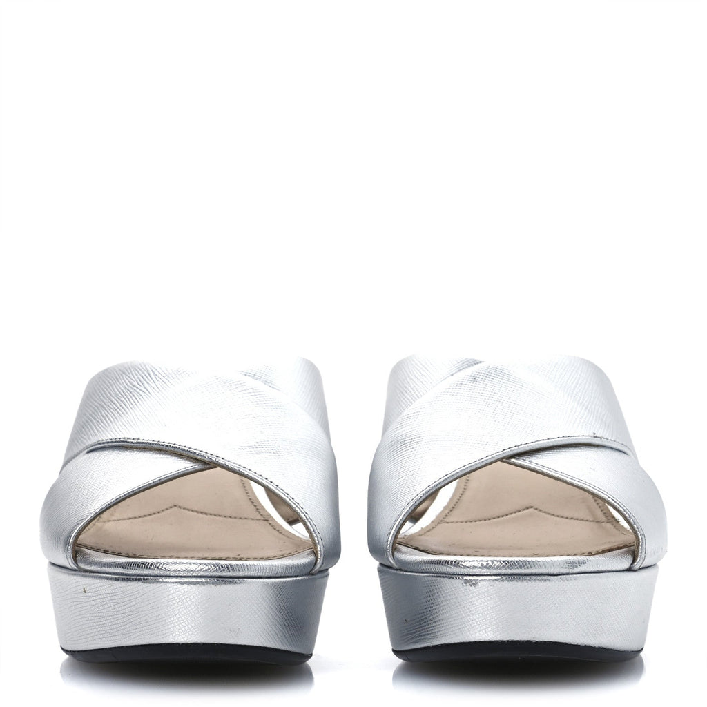 Prada Metallic Saffiano Crisscross Platform Sandals 41 Silver