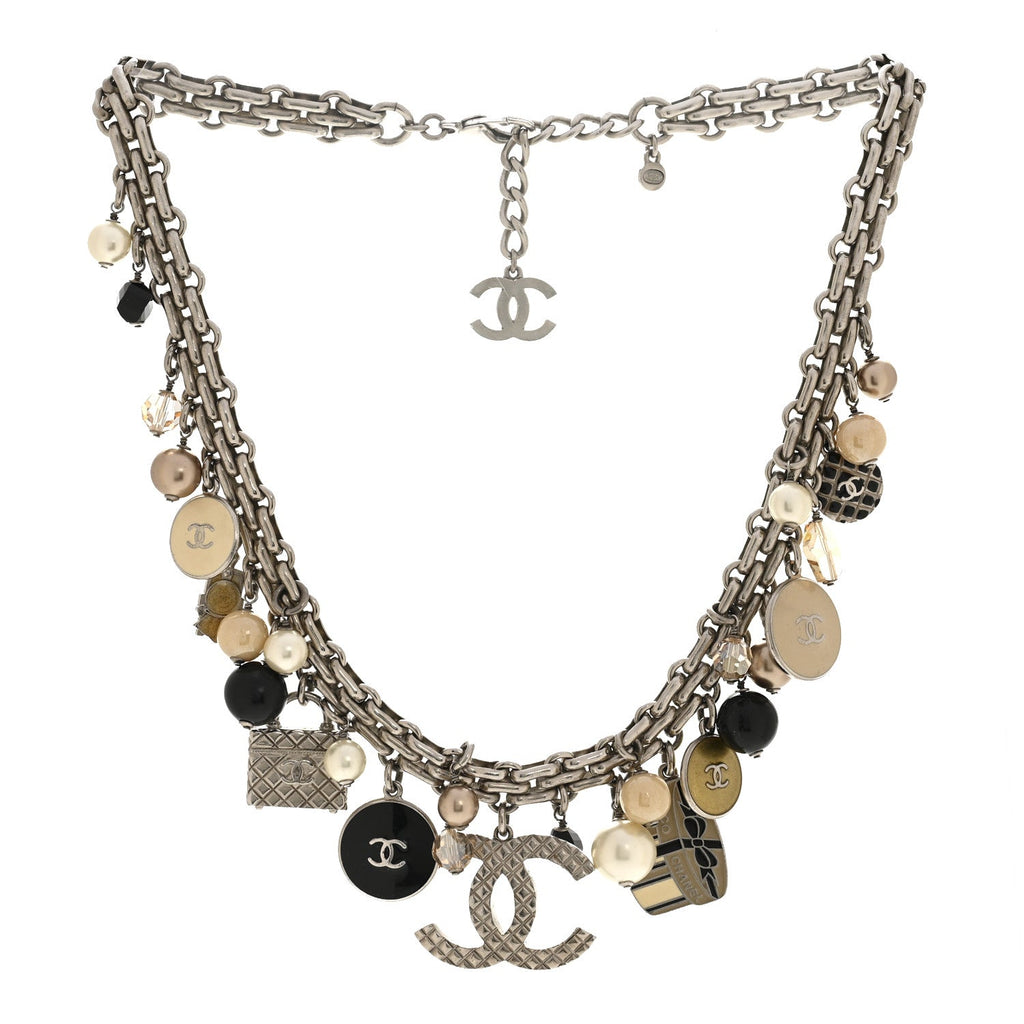 Enamel Pearl Charm Short Necklace Silver