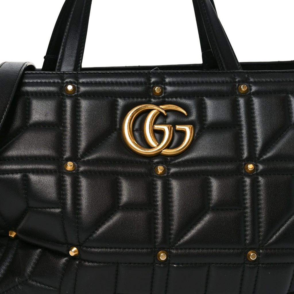 Gucci Calfskin Matelasse Studded Medium GG Marmont Tote Black