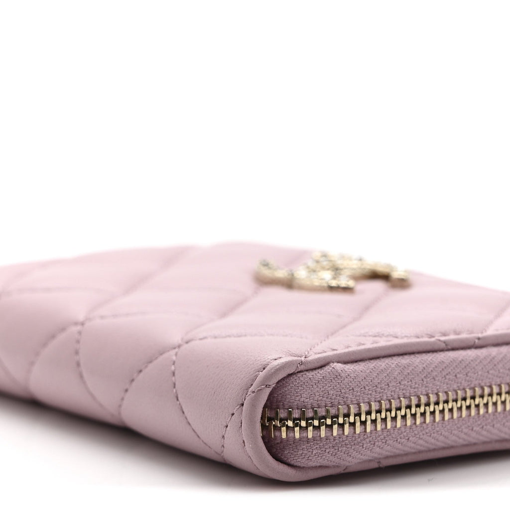 Lambskin Quilted Pearl Crystal CC Zip Around Coin Purse Wallet Pink