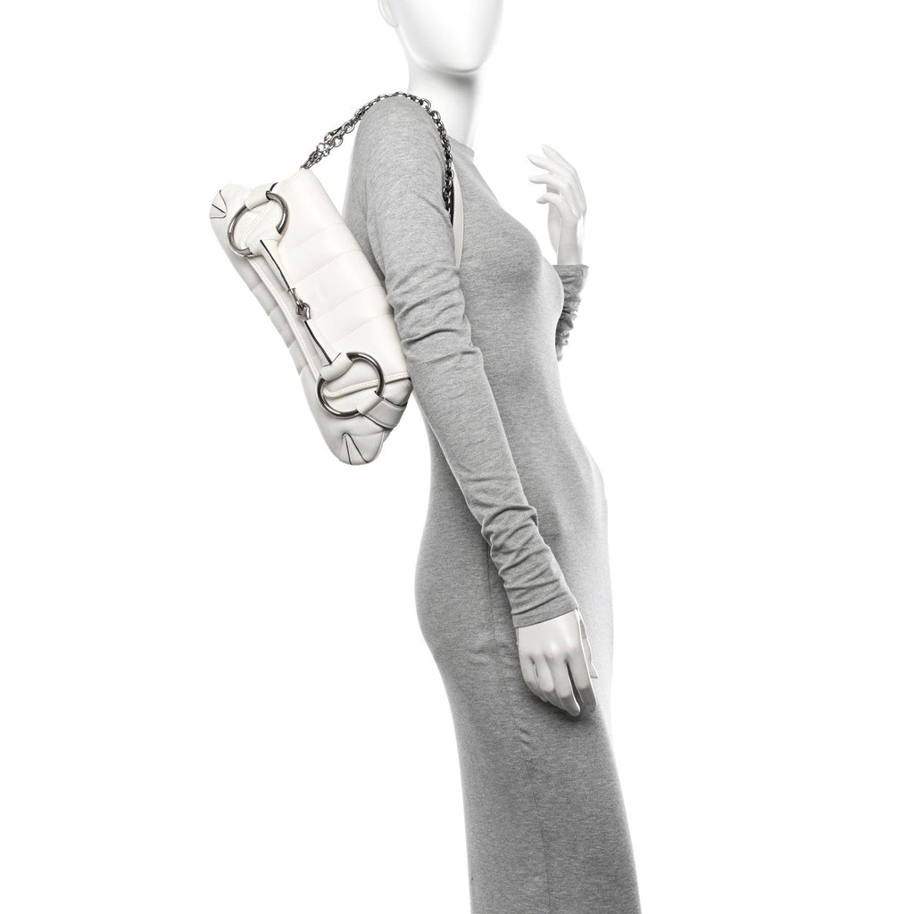 Gucci Nappa Vertical Matelasse Medium Maxi Horsebit Chain Shoulder Bag Mystic White