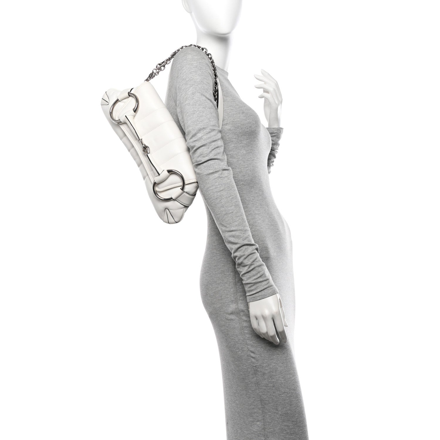 Gucci Nappa Vertical Matelasse Medium Maxi Horsebit Chain Shoulder Bag Mystic White