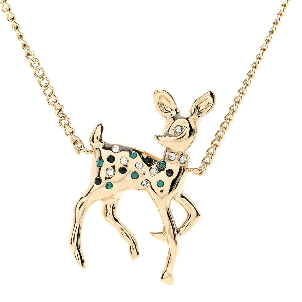 Metal Crystal Pearl Deer Pendant Necklace Green Black Gold