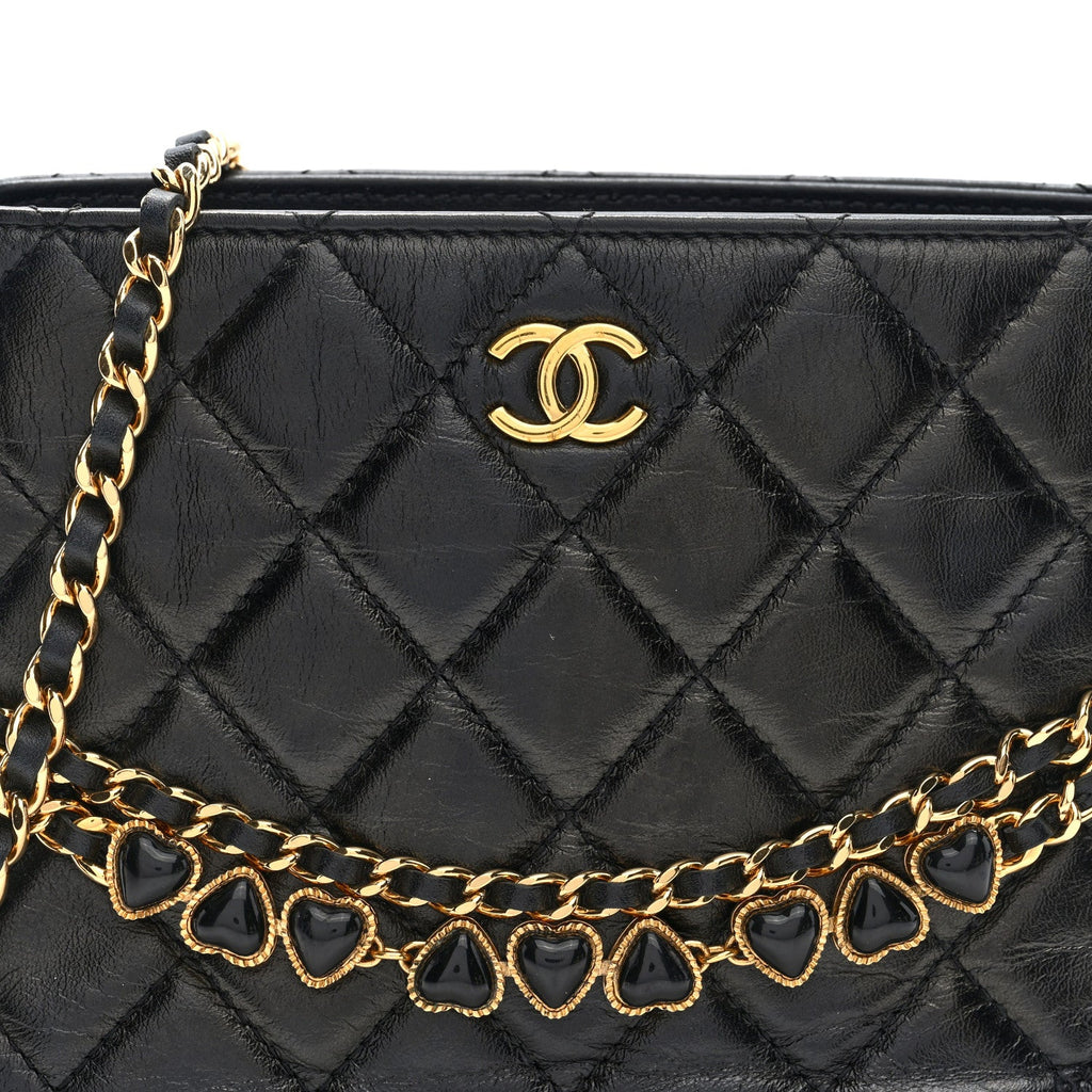 Chanel Shiny Crumpled Calfskin Quilted Clutch With Chain Black