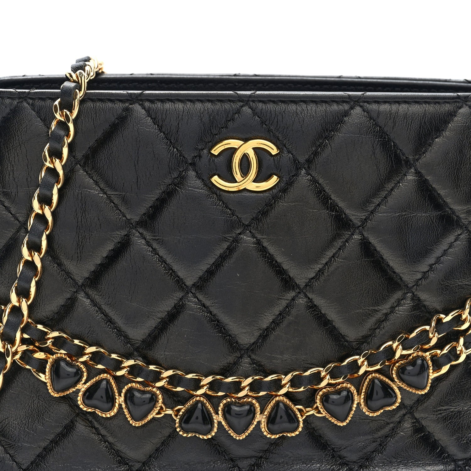 Chanel Shiny Crumpled Calfskin Quilted Clutch With Chain Black