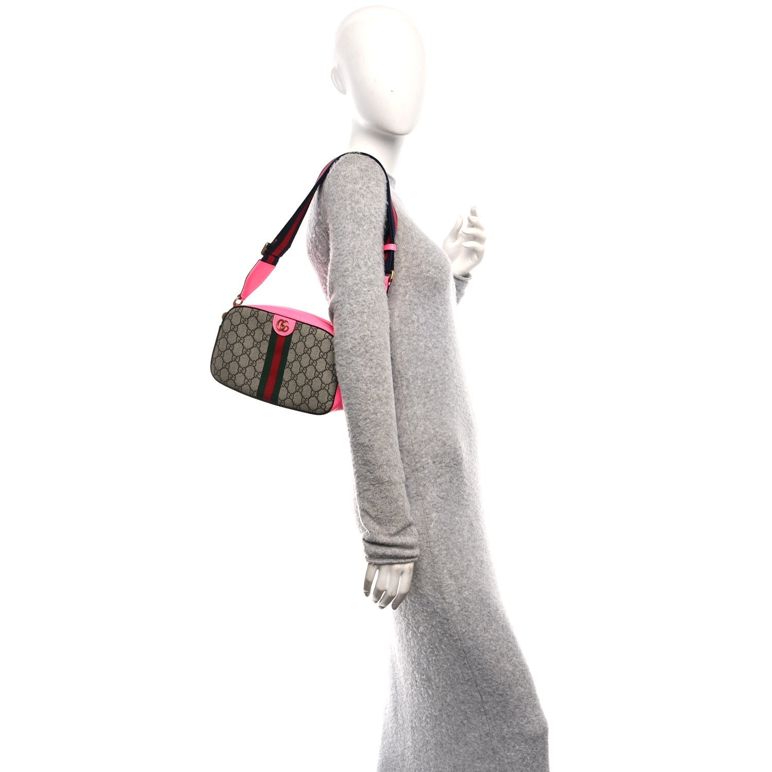 Gucci GG Supreme Monogram Textured Dollar Calfskin Web Ophidia Small Crossbody Bag Beige Ebony Fuchsia