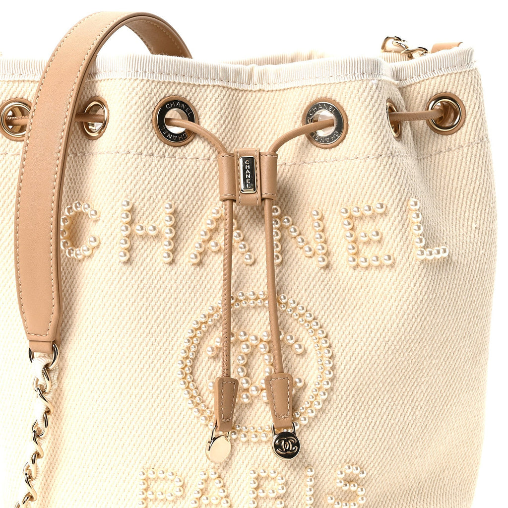 Chanel Canvas Pearl Deauville Drawstring Bucket Bag Ecru Beige