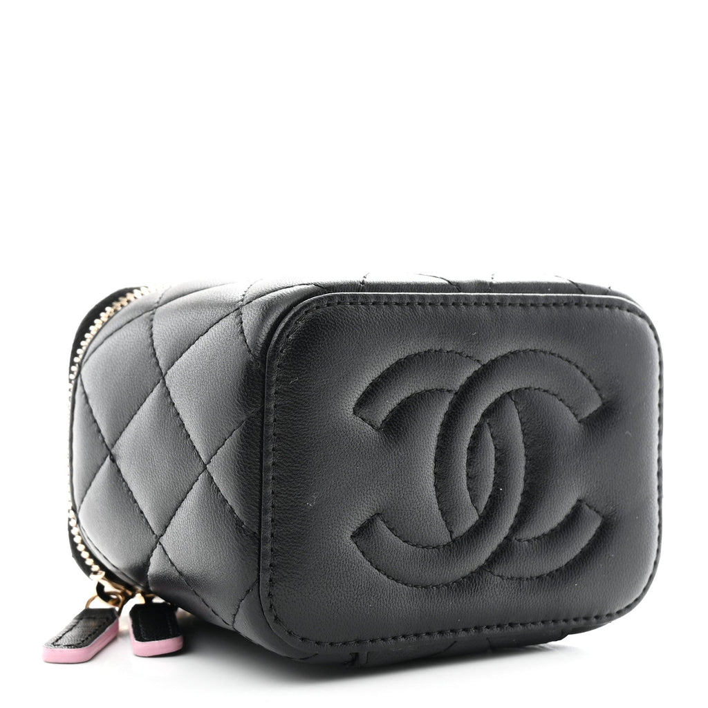 Chanel Lambskin Quilted Top Handle Mini Vanity Case With Chain Black Pink