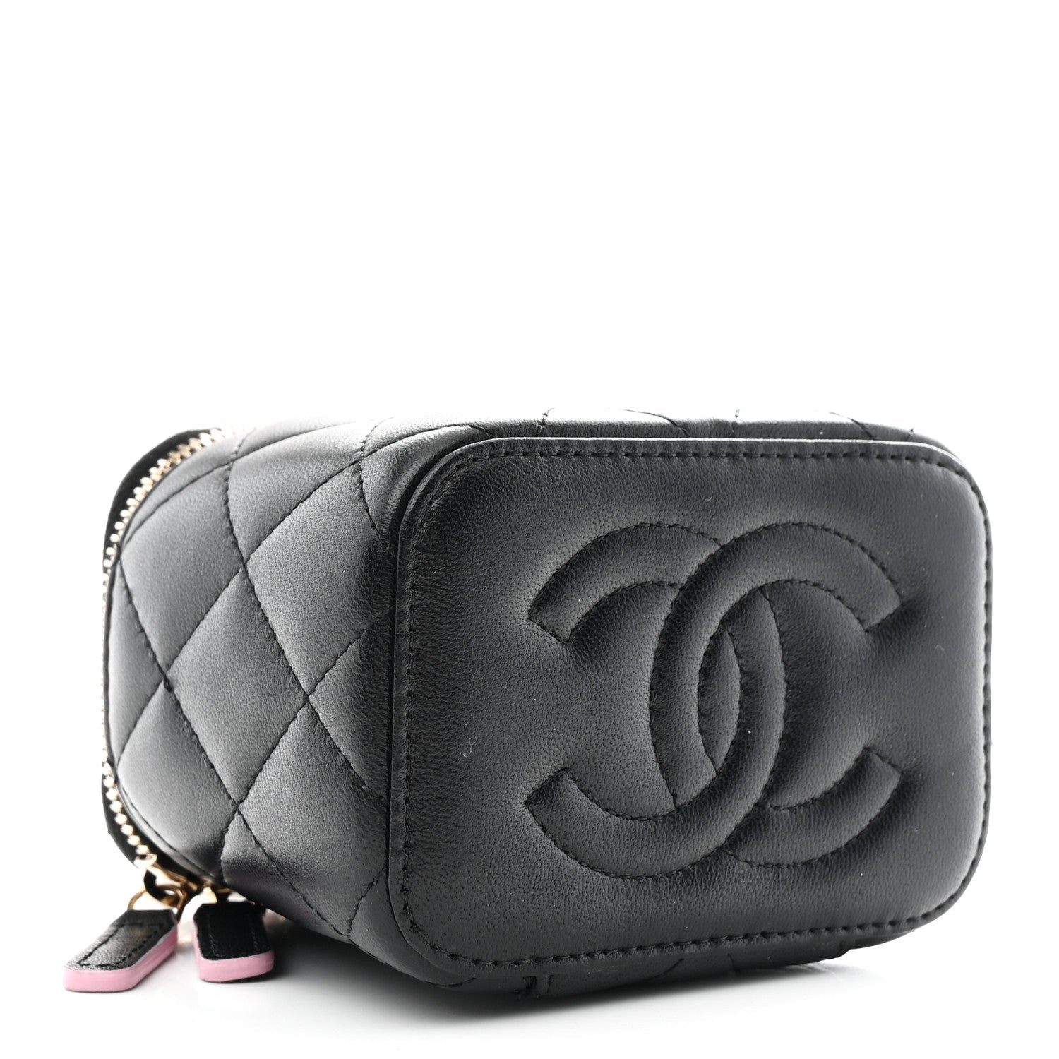 Chanel Lambskin Quilted Top Handle Mini Vanity Case With Chain Black Pink