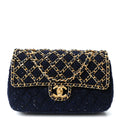 Chanel Tweed Sequin Timeless Classic Chained Double Flap Navy Blue