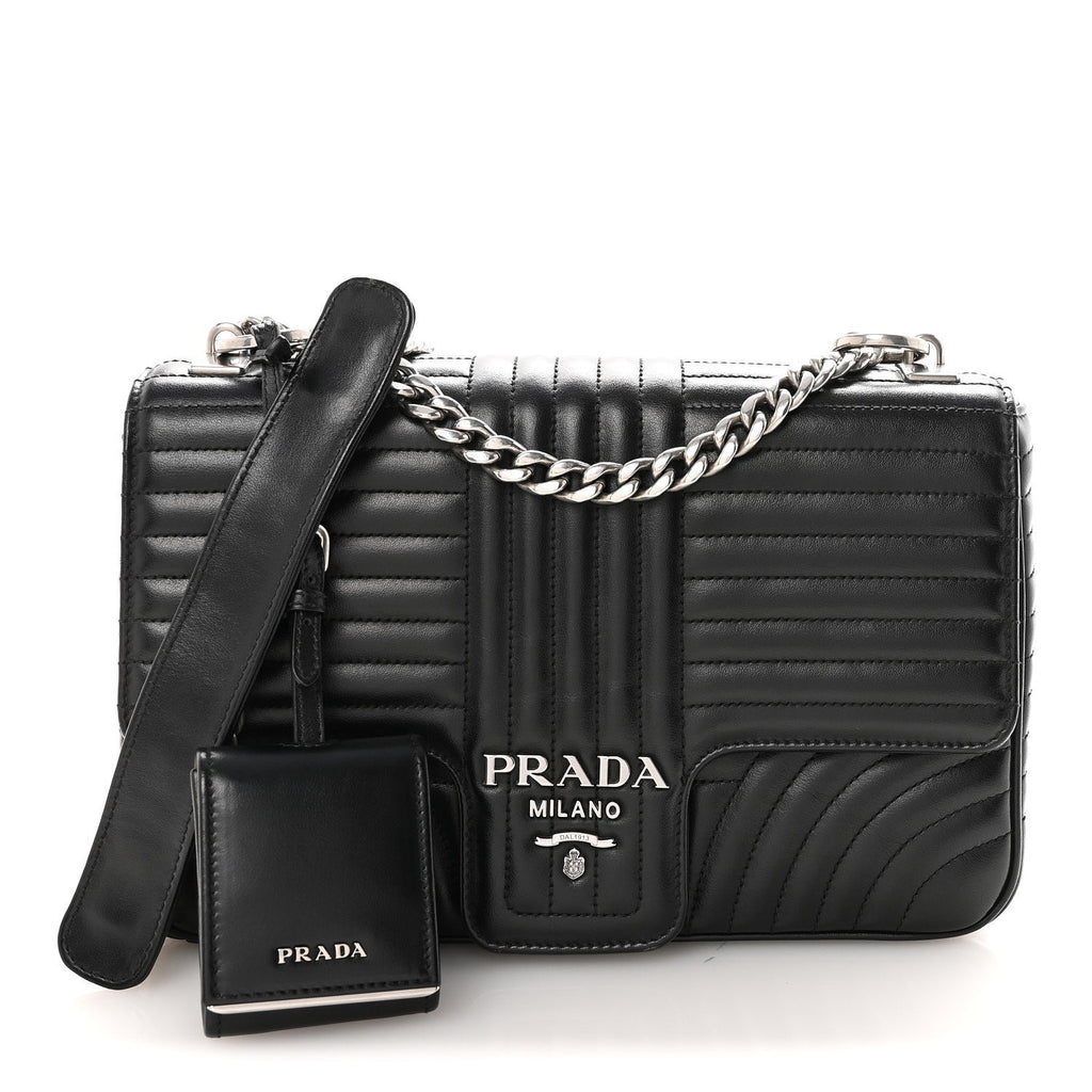 Prada Soft Calfskin Impunture Diagramme Large Chain Flap Shoulder Bag Black