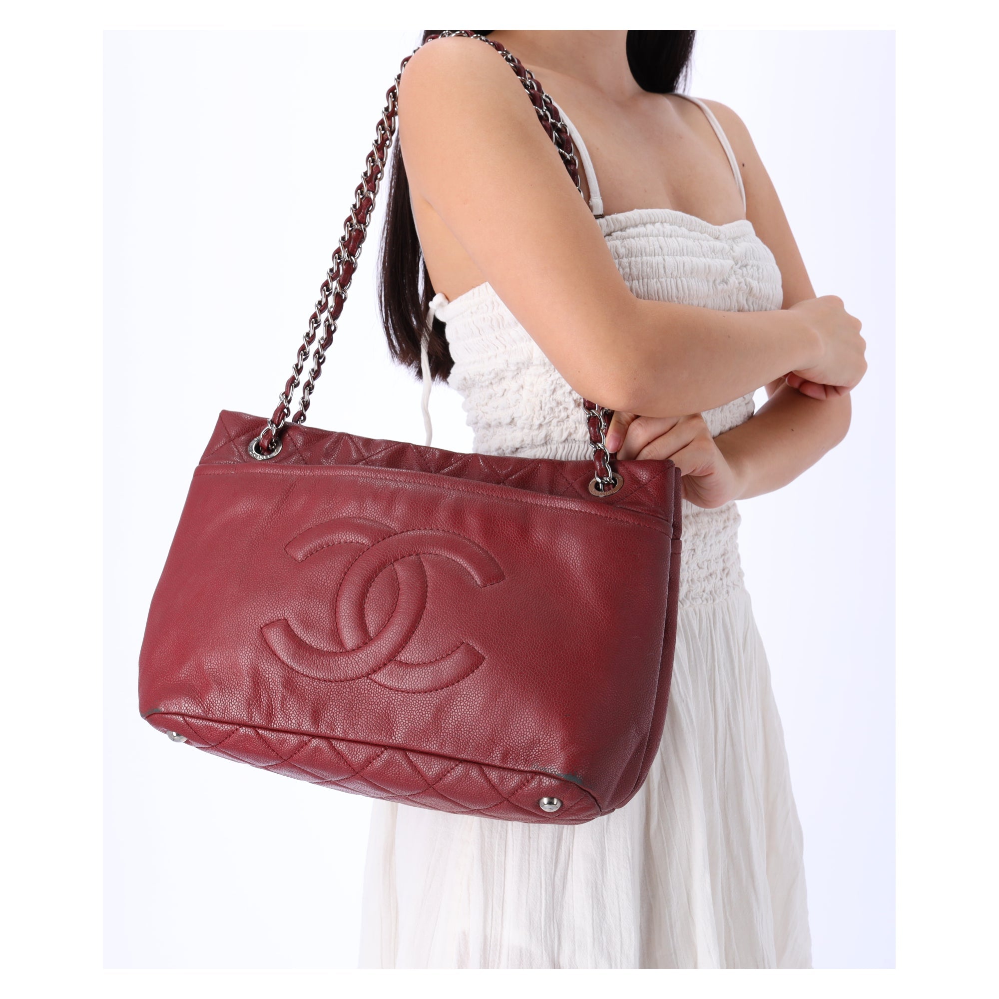 Chanel Classic Caviar Leather Tote Timeless CC Soft Chain Tote Caviar Red