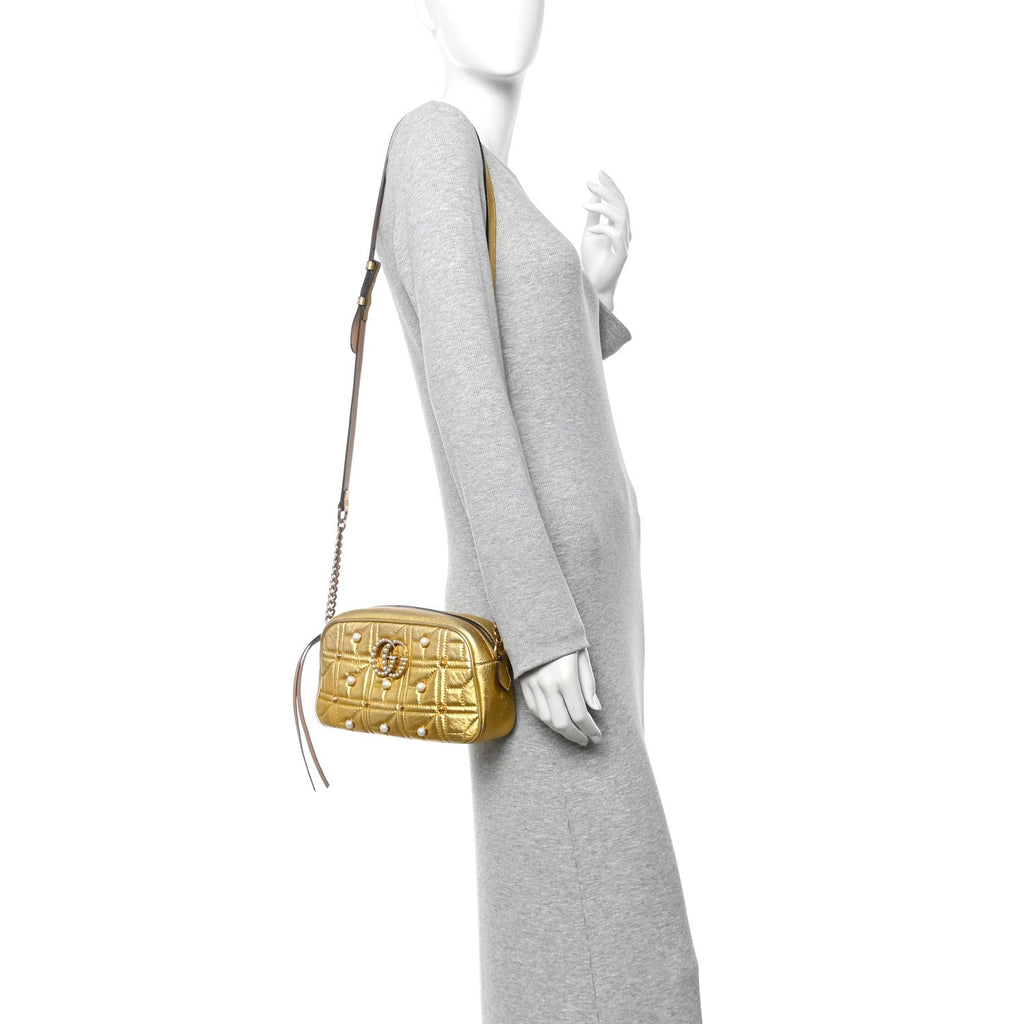 Gucci Metallic Calfskin Matelasse Studded Small Pearly GG Marmont Chain Shoulder Bag Gold