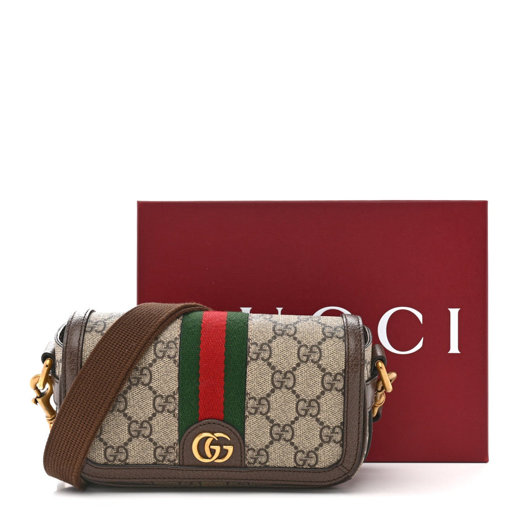 Gucci GG Supreme Monogram Web Mini Ophidia Flap Shoulder Bag Brown