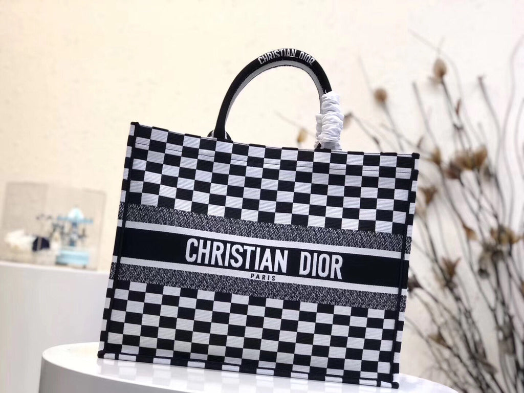 Dior Embroidered Book Tote In Checkered Canvas