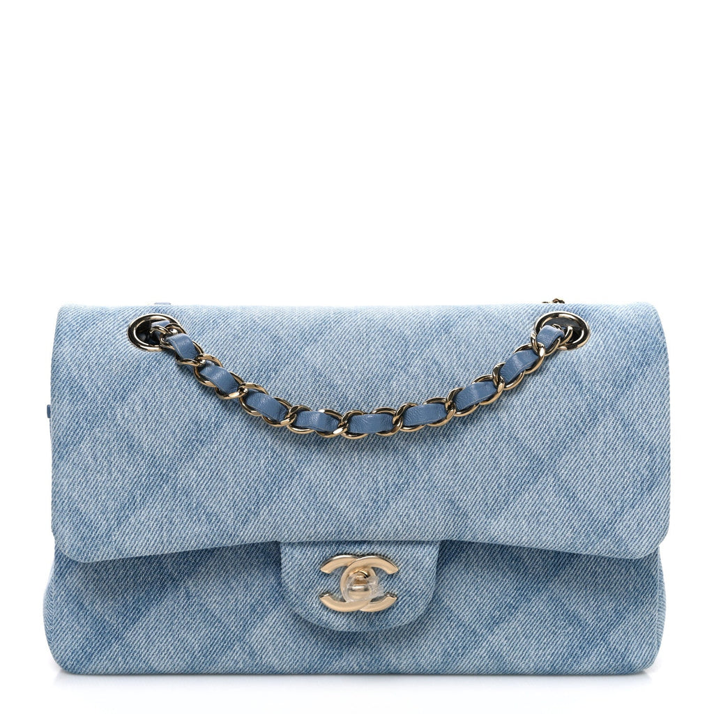 Chanel Printed Denim Quilted Small Double Flap Light Blue