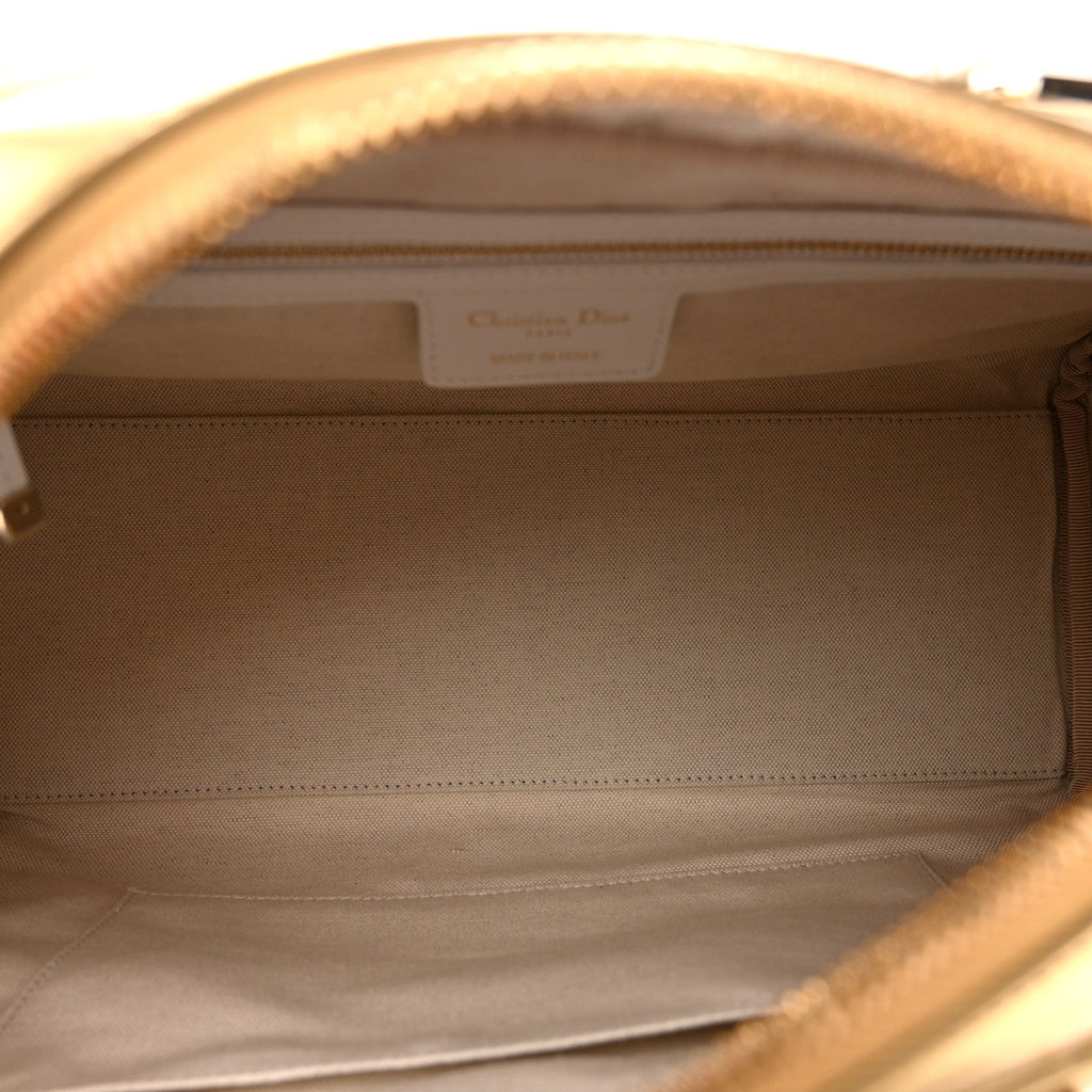 Christian Dior Calfskin Padded Macrocannage Medium Dior Vibe Zip Bowling Bag White Gold