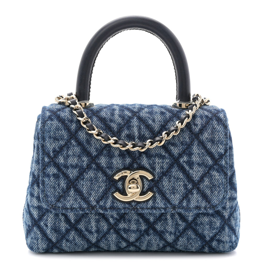 Chanel Washed Denim Quilted Coco Handle Clutch With Chain Blue