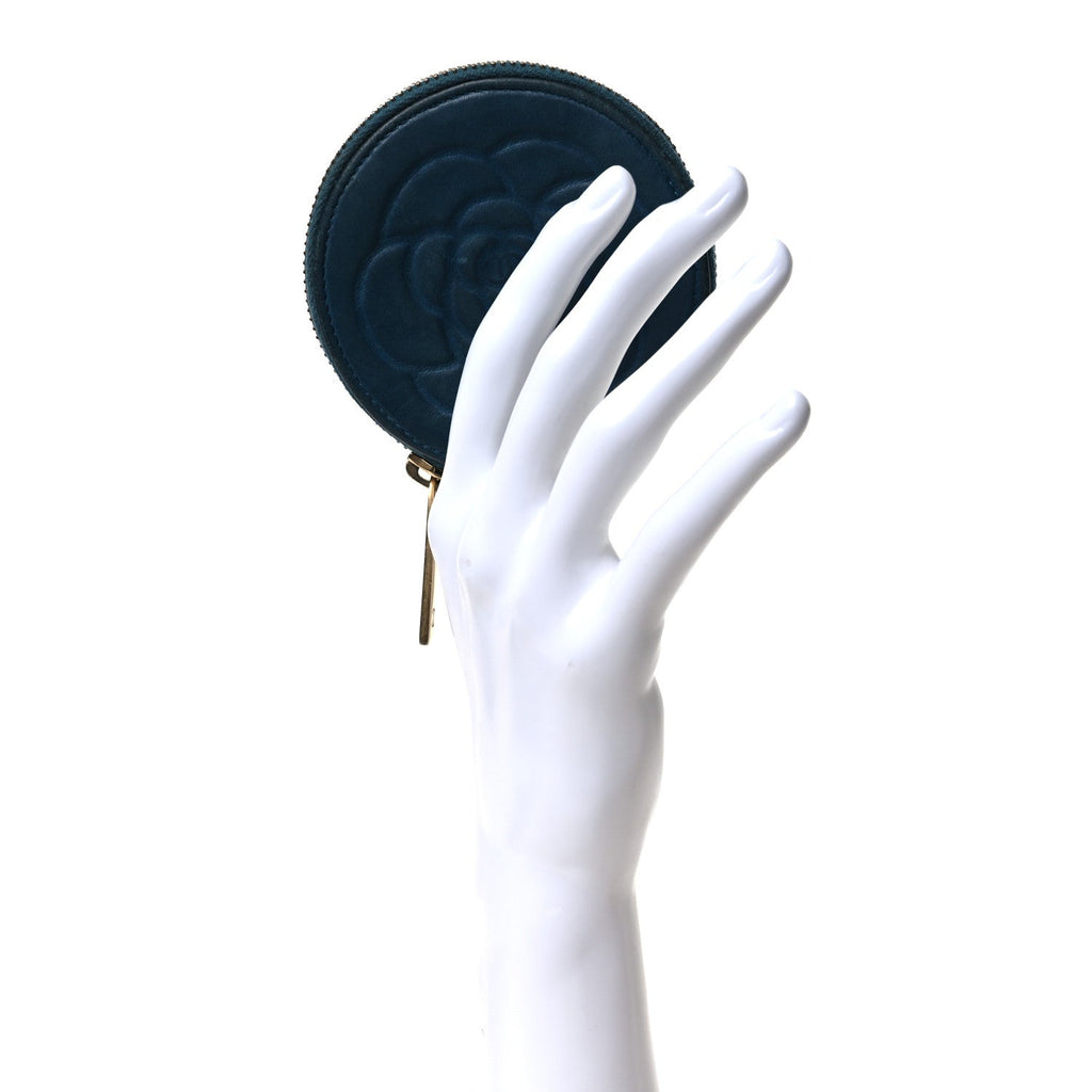 Lambskin Round Camellia CC Coin Purse Navy