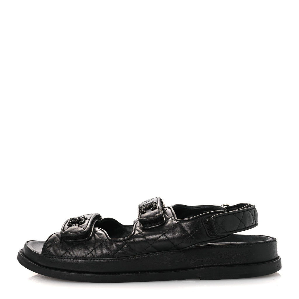 Lambskin Quilted Velcro Dad Sandals 38.5 So Black