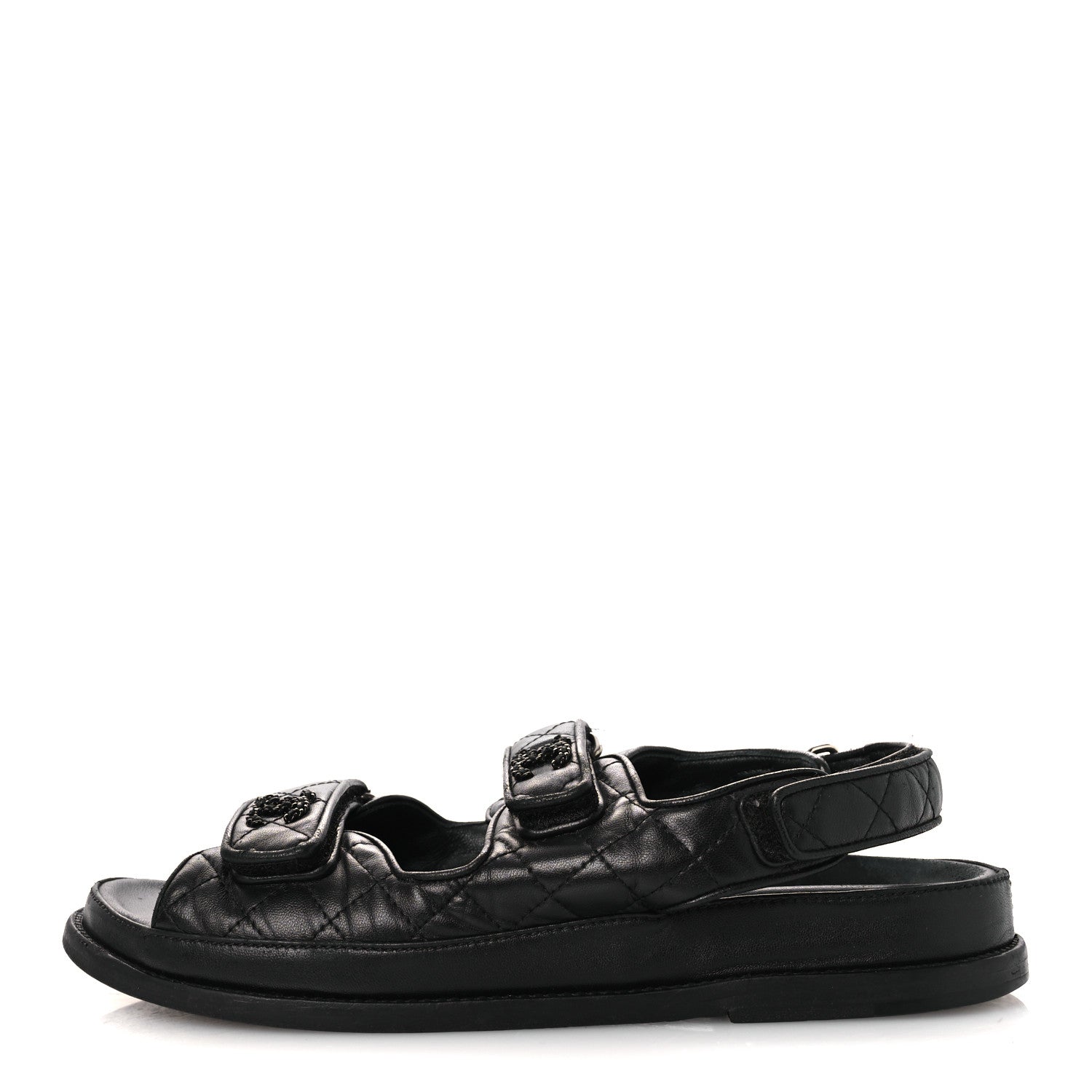 Lambskin Quilted Velcro Dad Sandals 38.5 So Black