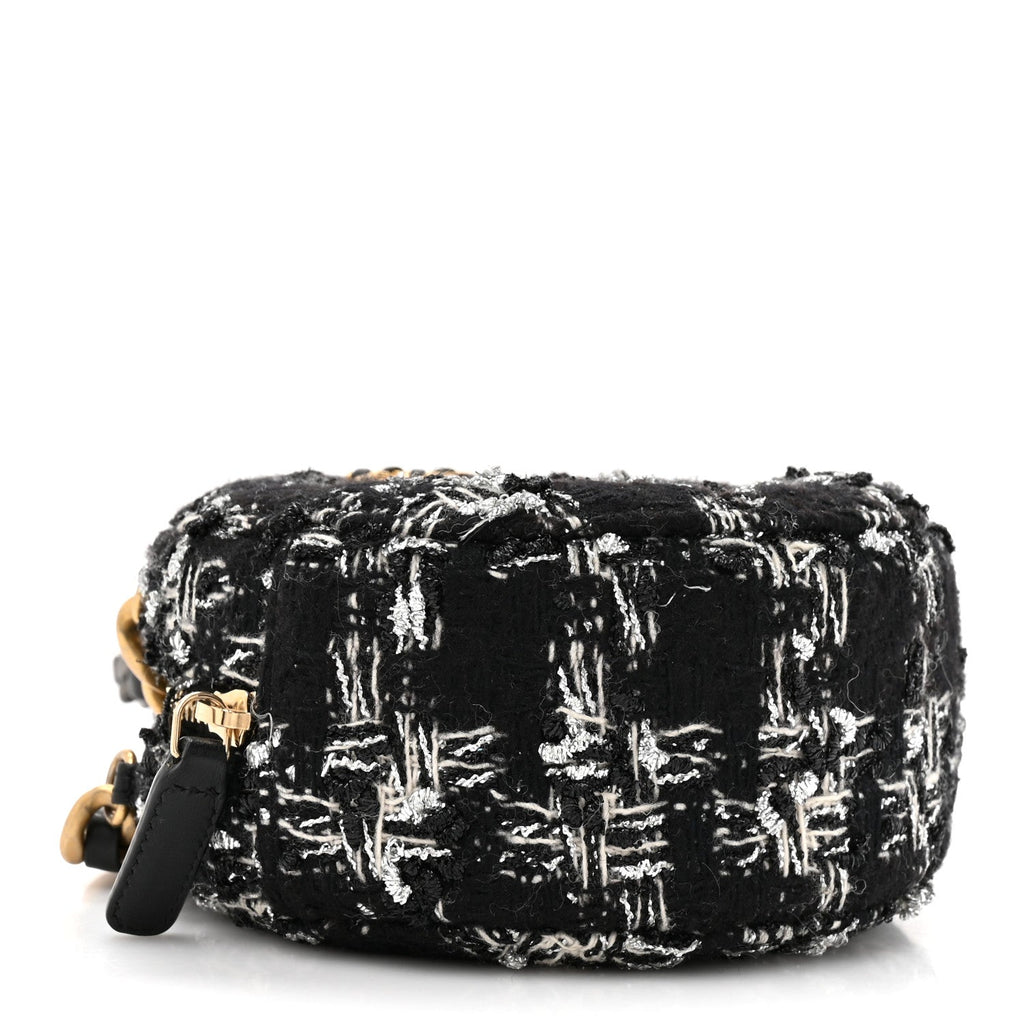 Chanel Tweed Quilted 19 Round Clutch With Chain Black White