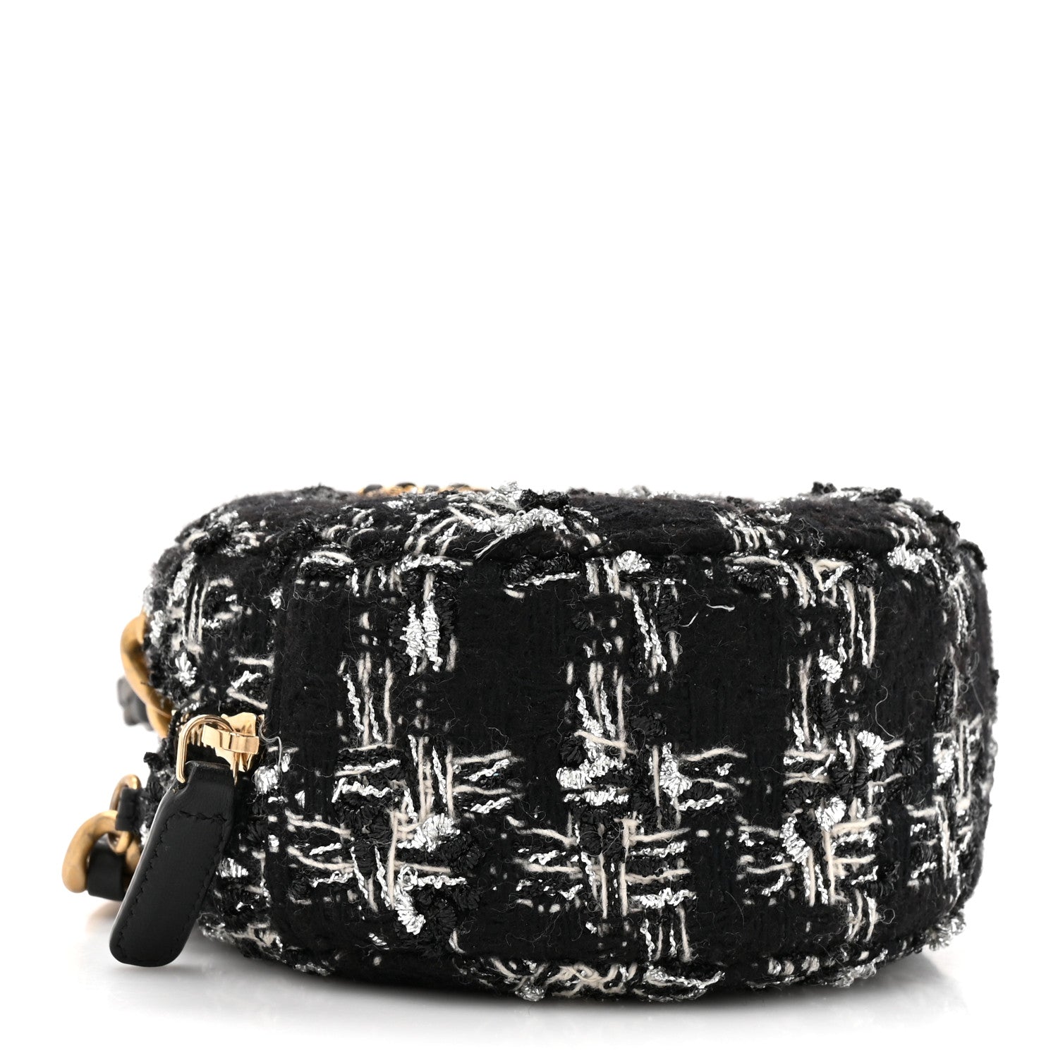 Chanel Tweed Quilted 19 Round Clutch With Chain Black White