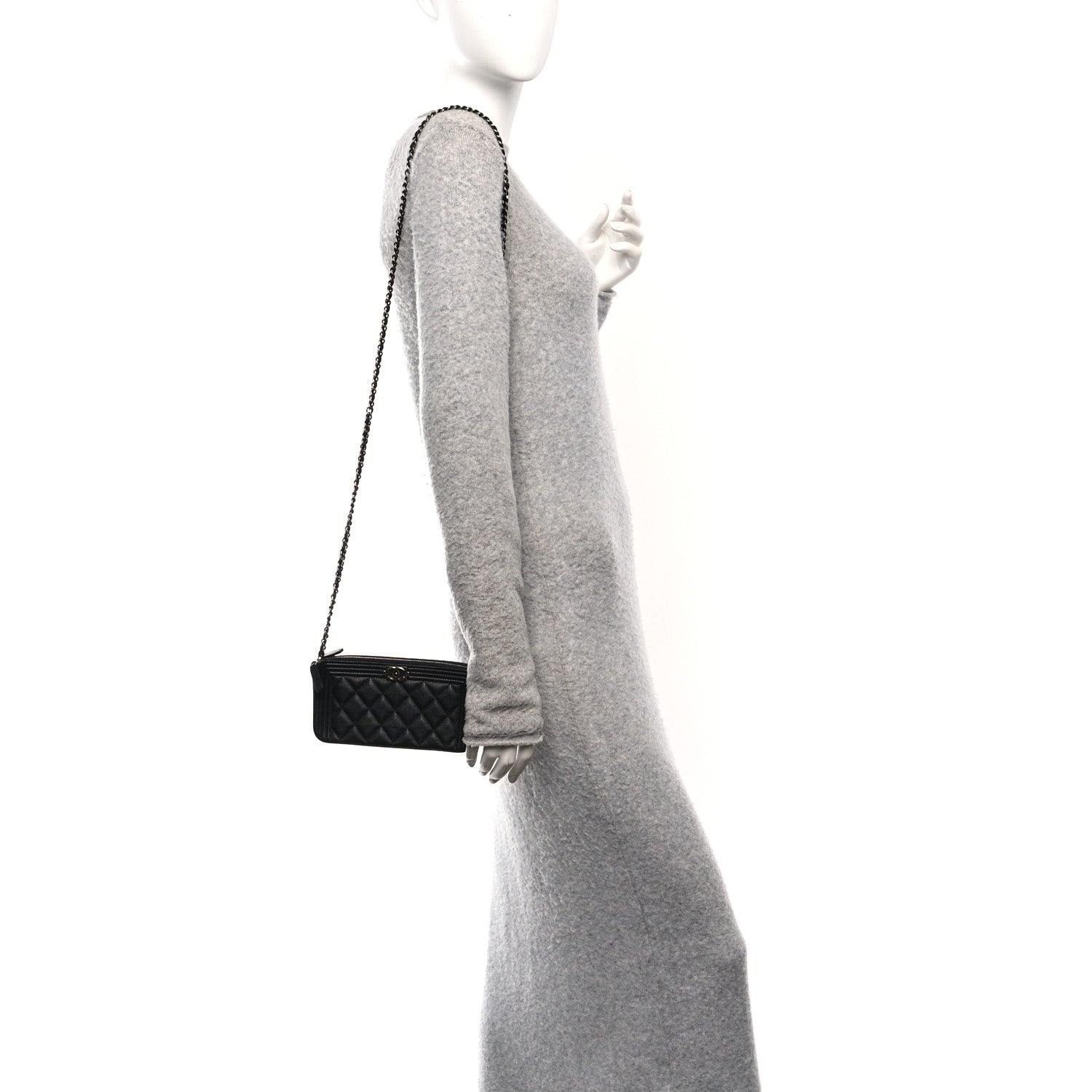 Chanel Grained Calfskin Quilted Boy Phone Holder Wallet On Chain Black