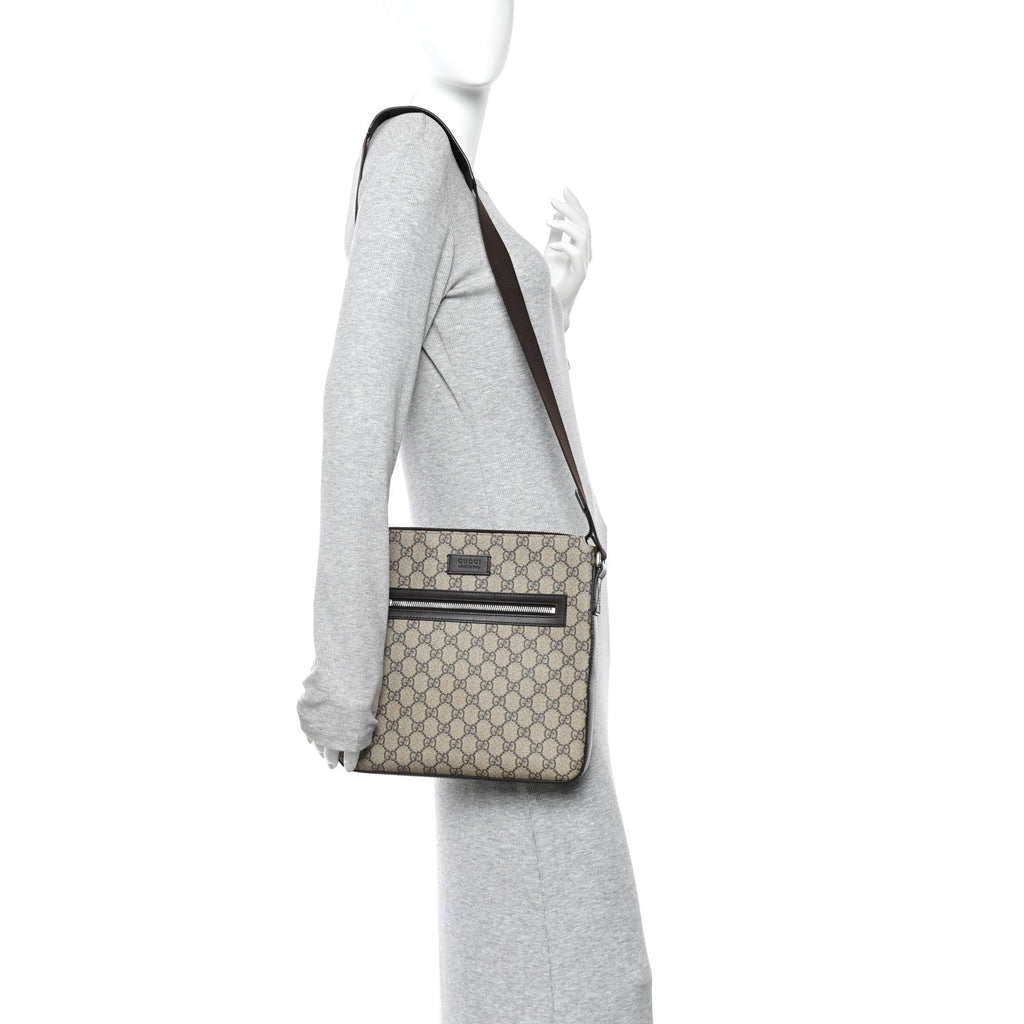 Gucci GG Supreme Monogram Medium Flat Messenger Bag Beige Brown
