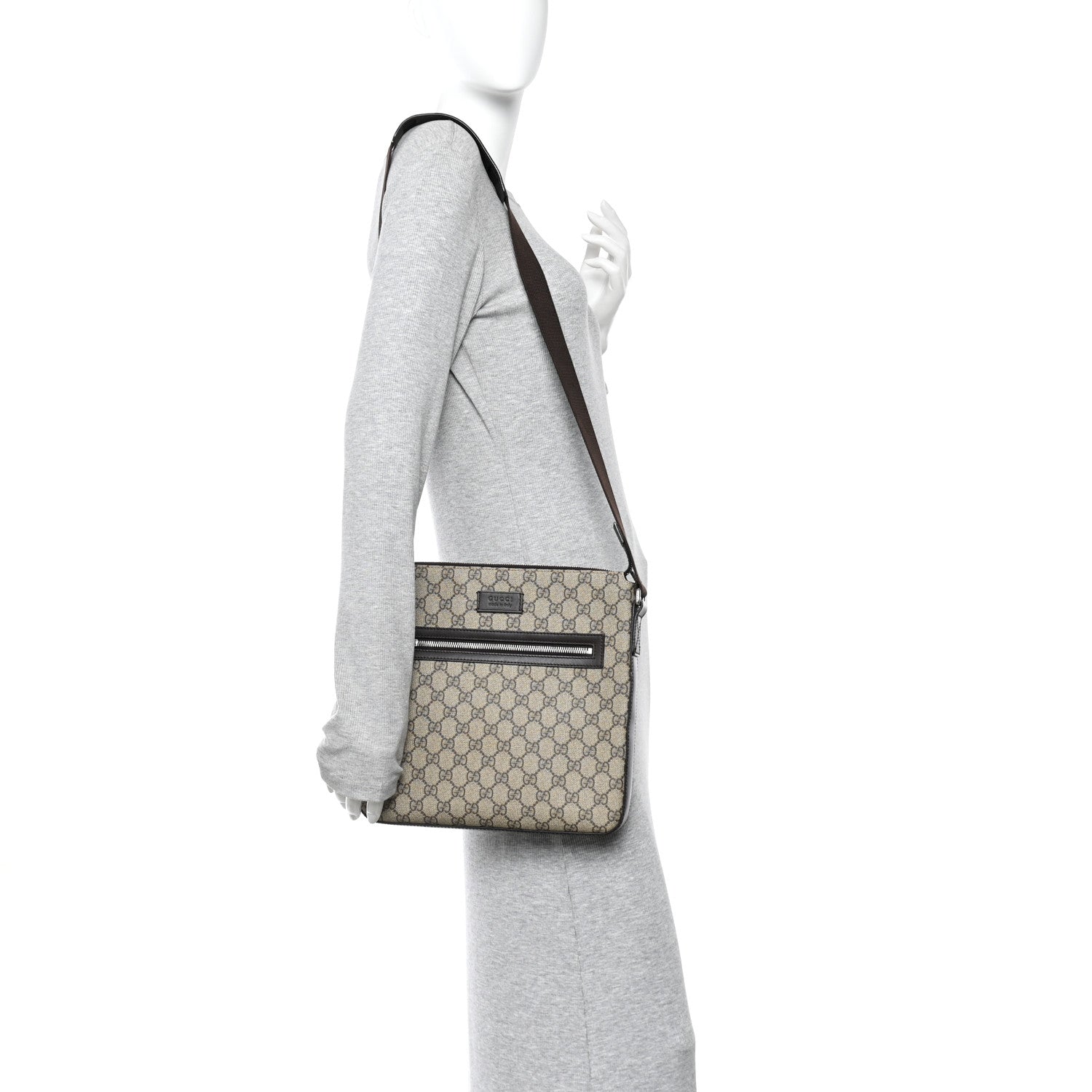 Gucci GG Supreme Monogram Medium Flat Messenger Bag Beige Brown