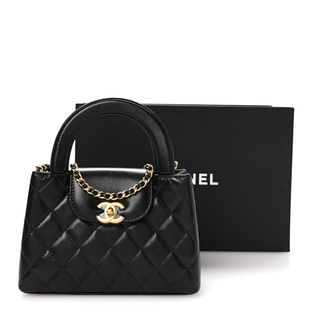 Chanel Shiny Aged Calfskin Quilted Nano Kelly Shopper Black