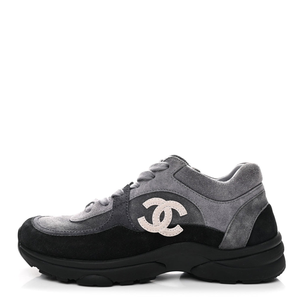 Chanel Suede Calfskin CC Sneakers 36.5 Black Grey