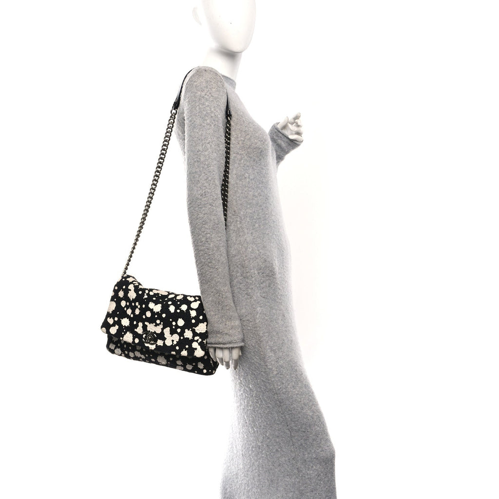 Chanel Tweed Paint Splatter Print Flap Black White