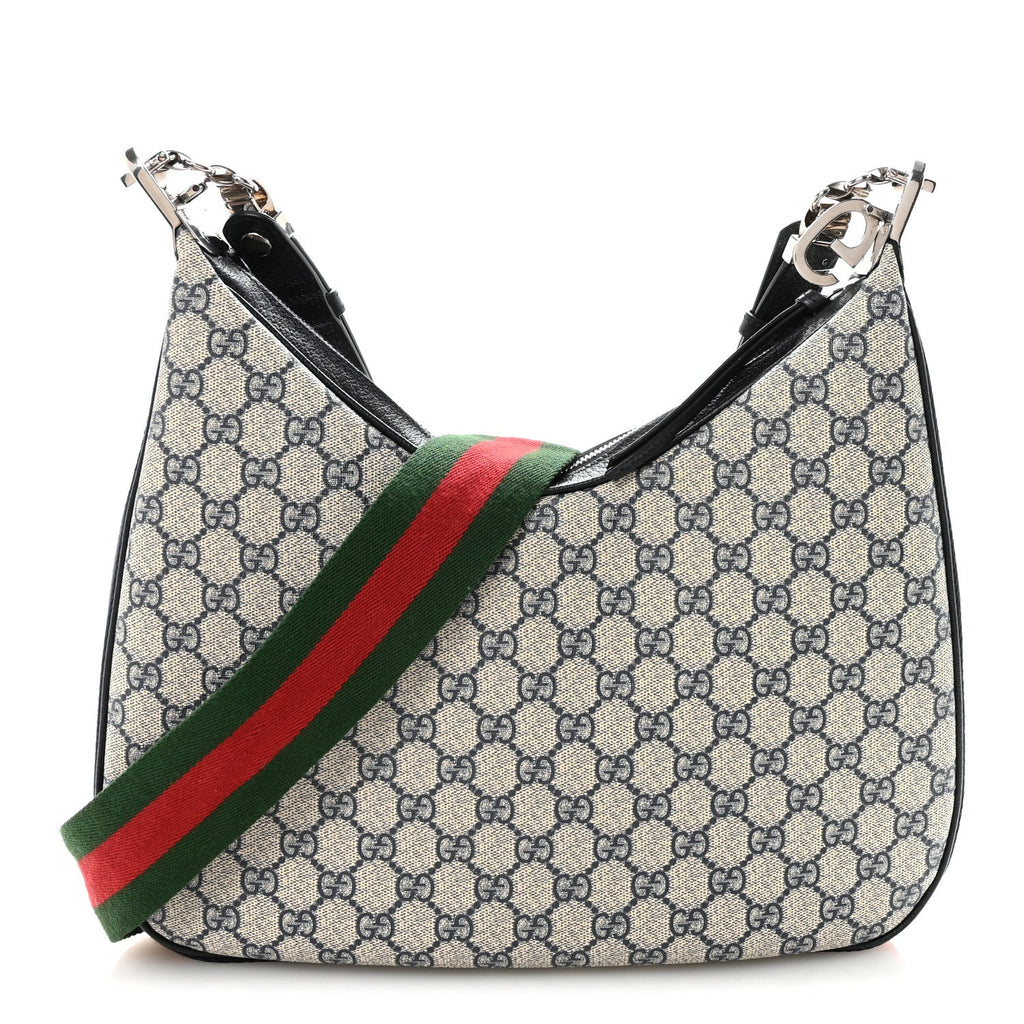 Gucci GG Supreme Monogram Textured Calfskin Web Large Attache Shoulder Bag Beige Blue