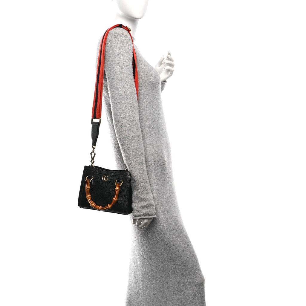 Gucci Textured Dollar Calfskin Web Mini Diana Tote Bag Black Dusty Grey