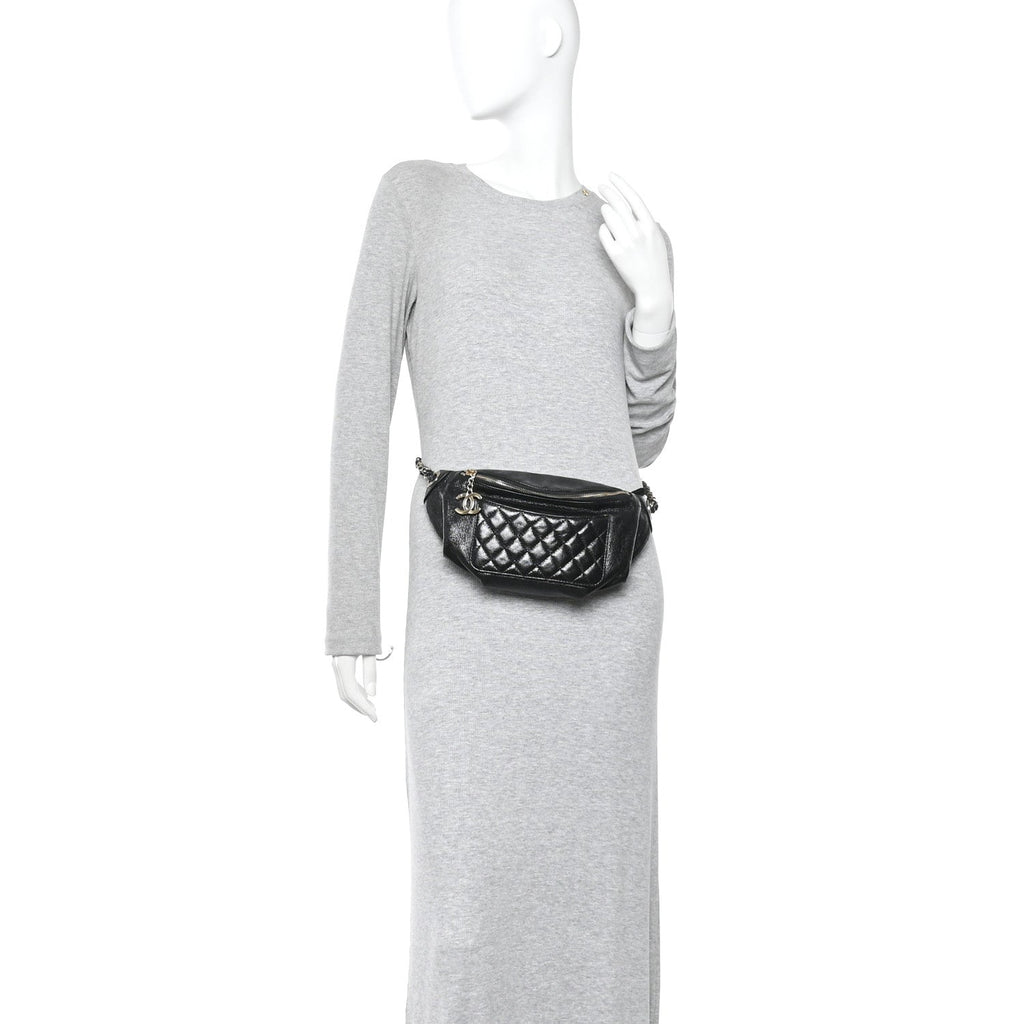 Chanel Crumpled Glazed Lambskin Quilted Waist Bag Fanny Pack Black