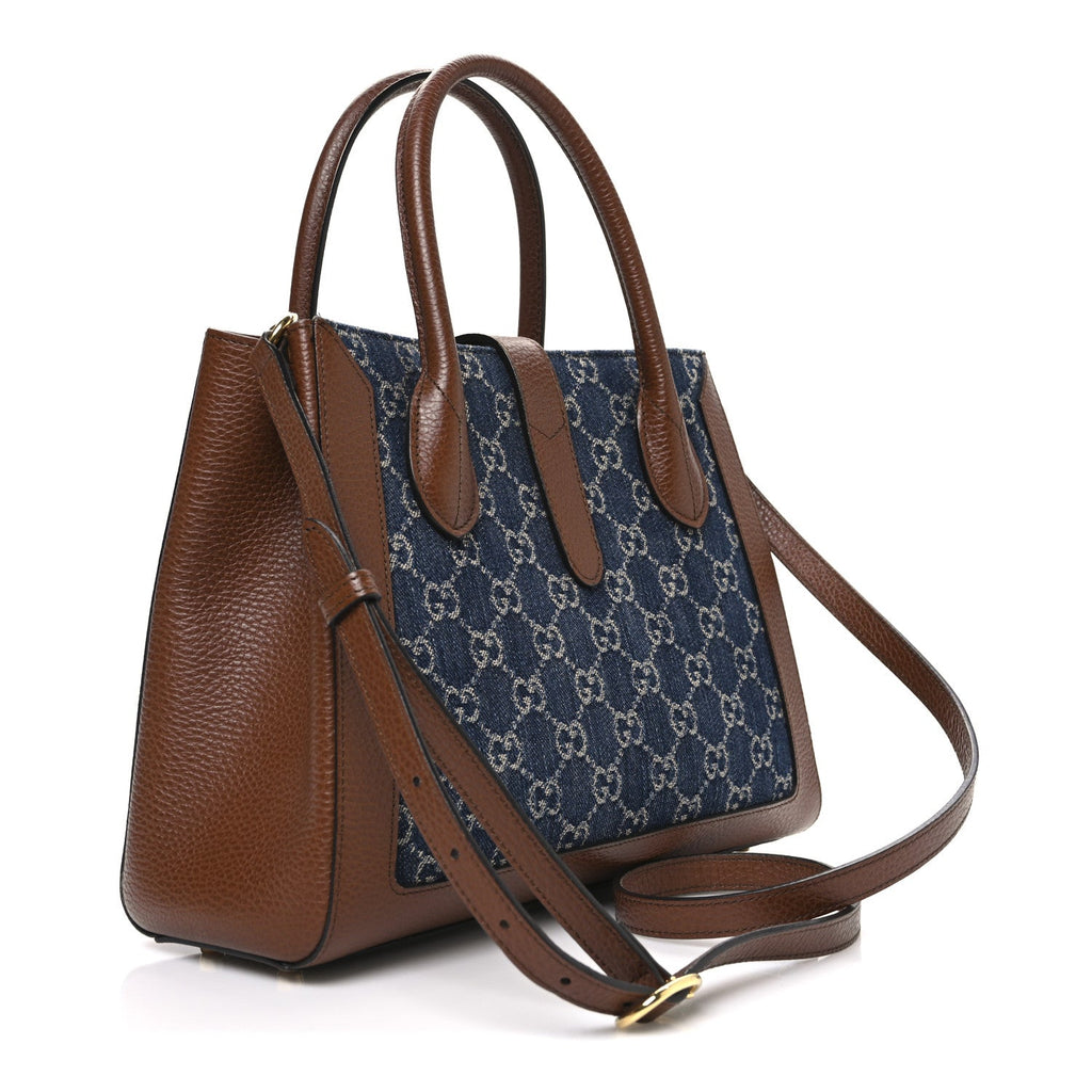 Gucci New Denim GG Monogram Dollar Calfskin Medium Jackie 1961 Tote Blue Tea Cuir Epilog