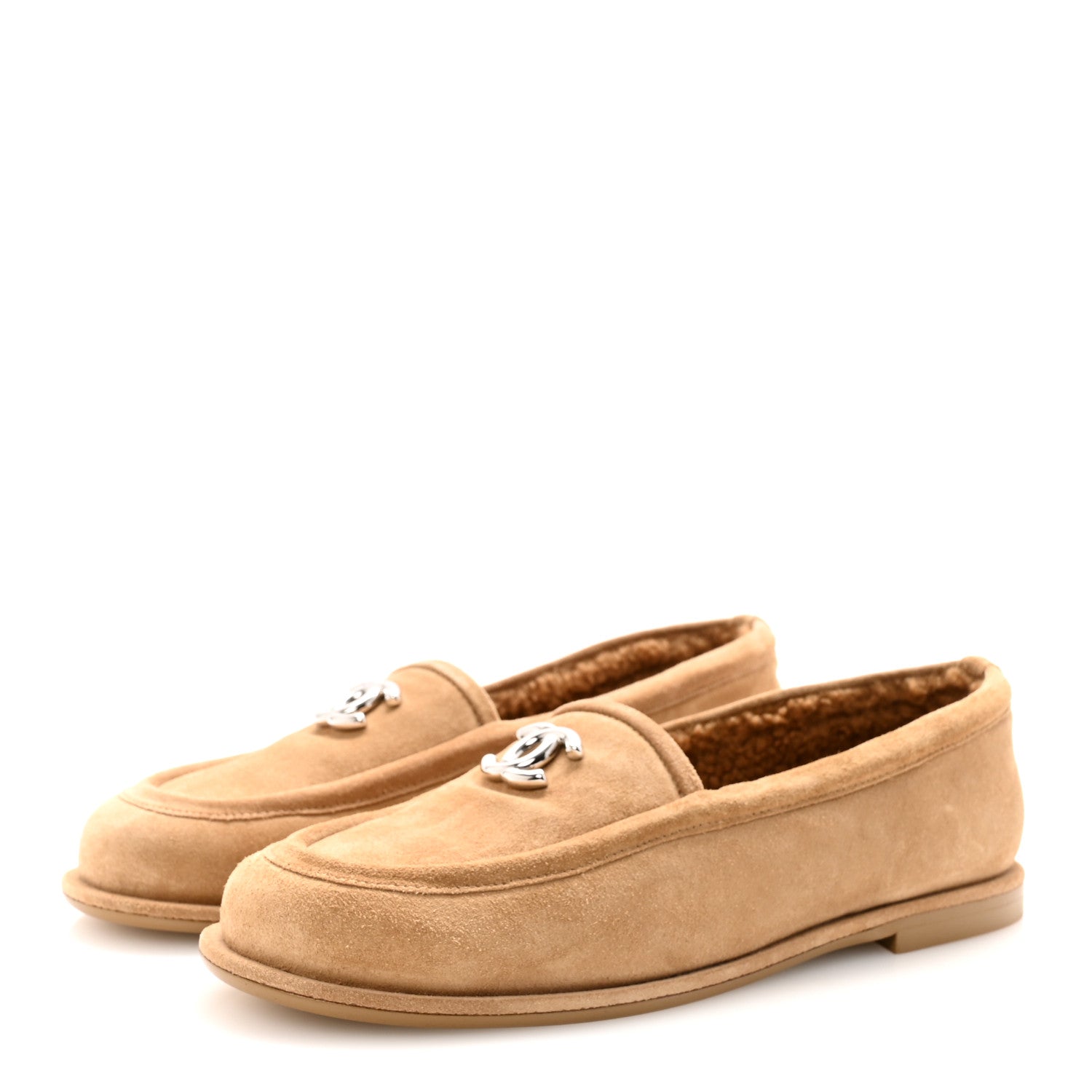 Chanel Suede Calfskin CC Loafers 38.5 Dark Beige