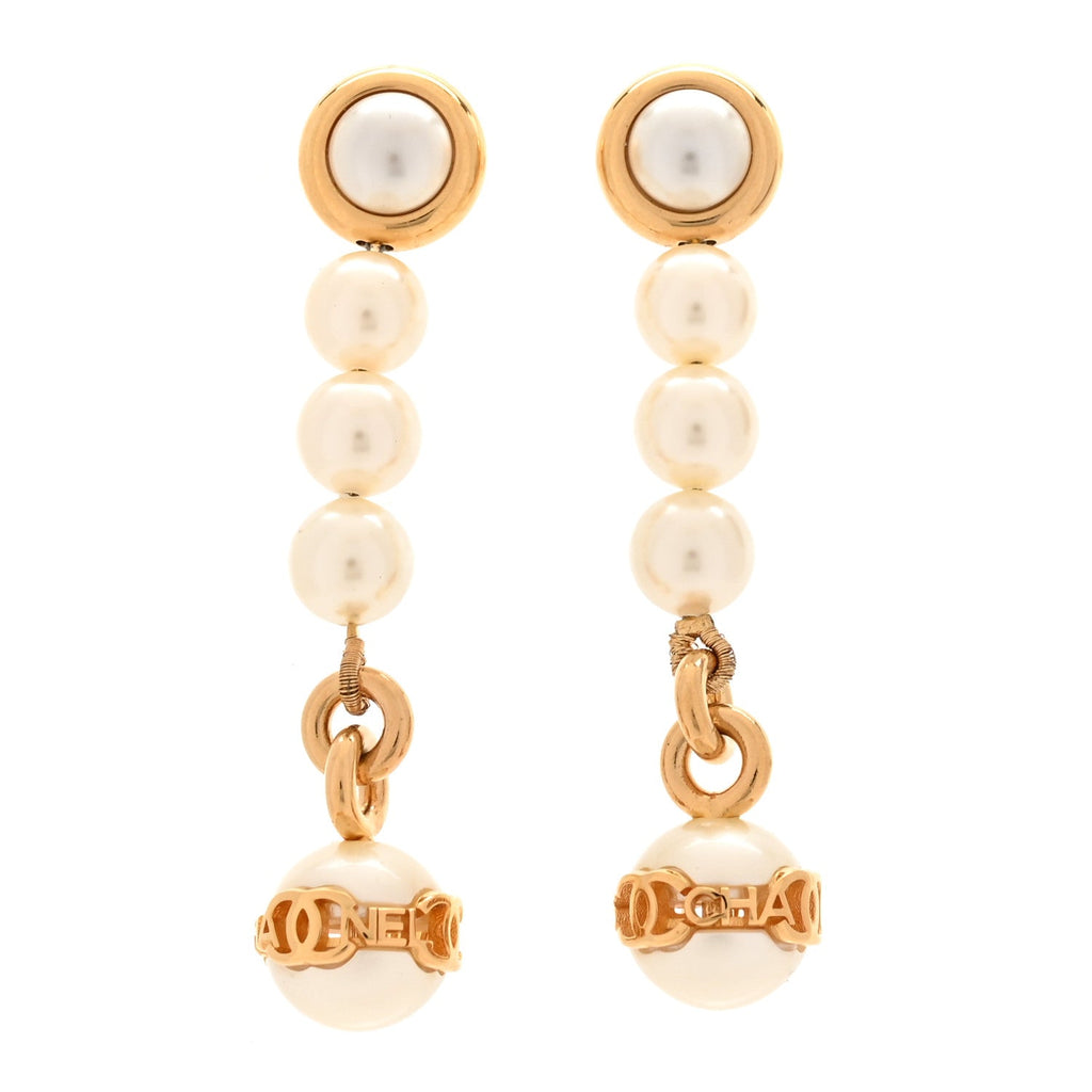 Metal Pearl CC Logo Drop Earrings White Gold