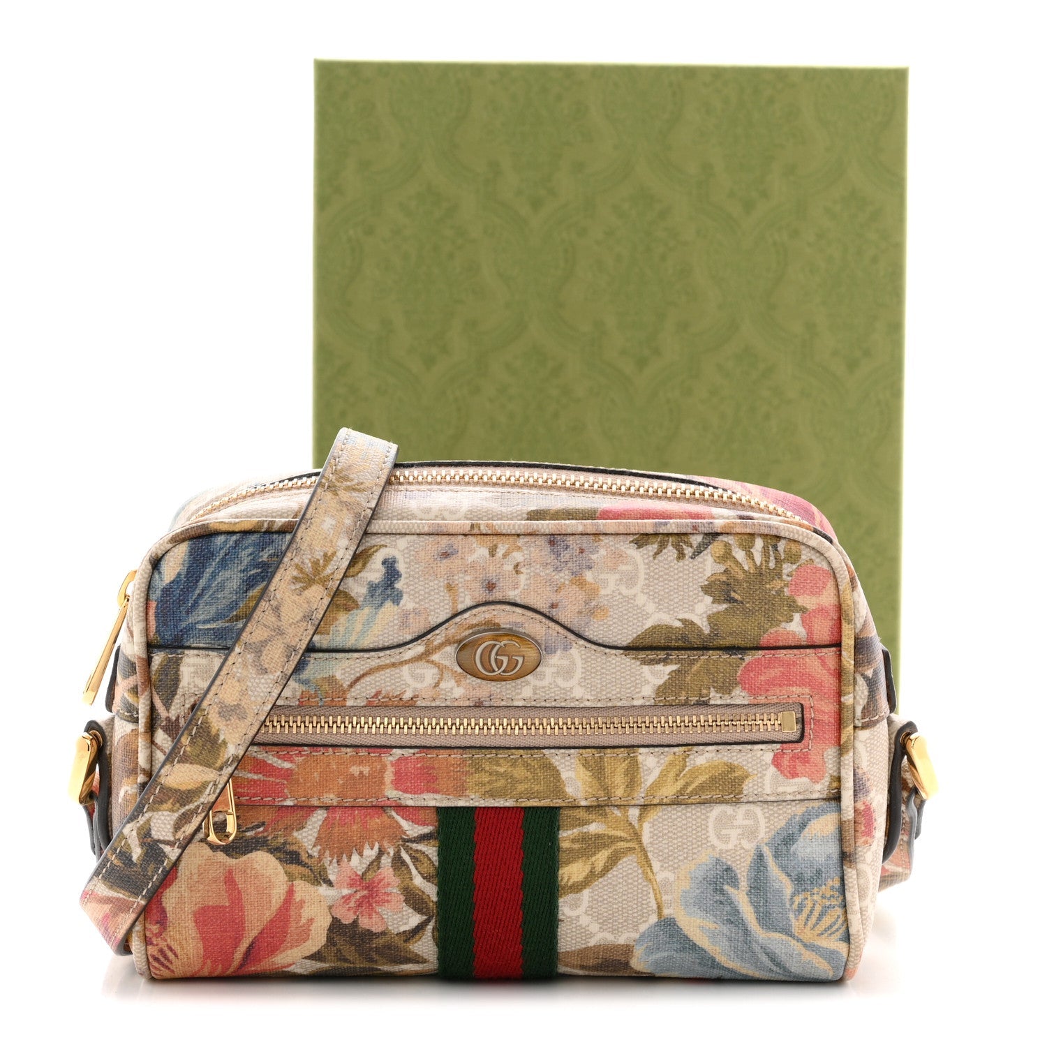 Gucci GG Supreme Monogram Water Flora Web Mini Ophidia Shoulder Bag Beige White Multicolor