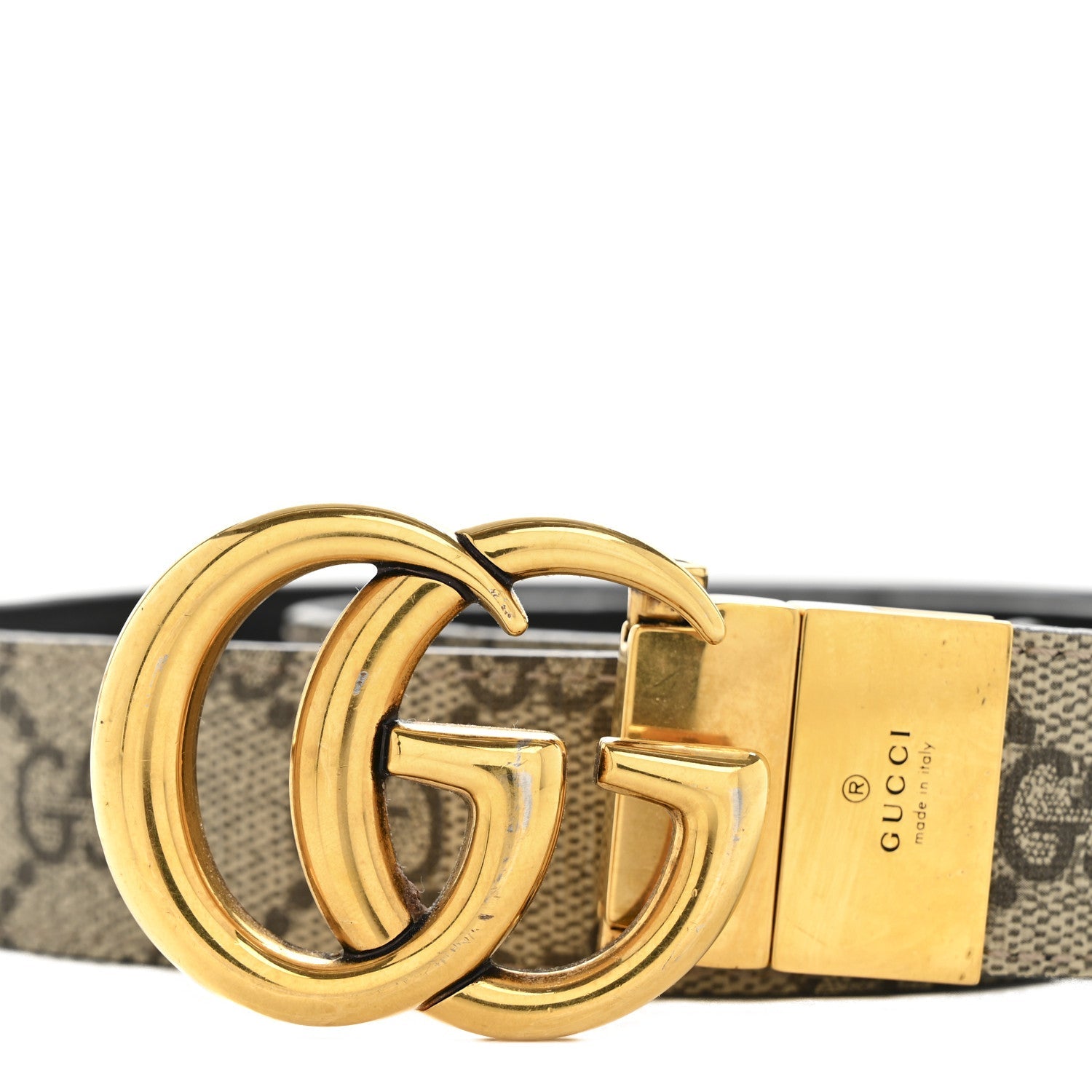 Gucci GG Supreme Monogram Plutone Calfskin Double G Reversible 75 30 Belt Beige Ebony New Acero