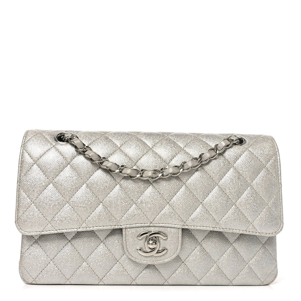 Chanel Glittered Metallic Caviar Quilted Medium Double Flap Silver