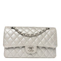 Chanel Glittered Metallic Caviar Quilted Medium Double Flap Silver