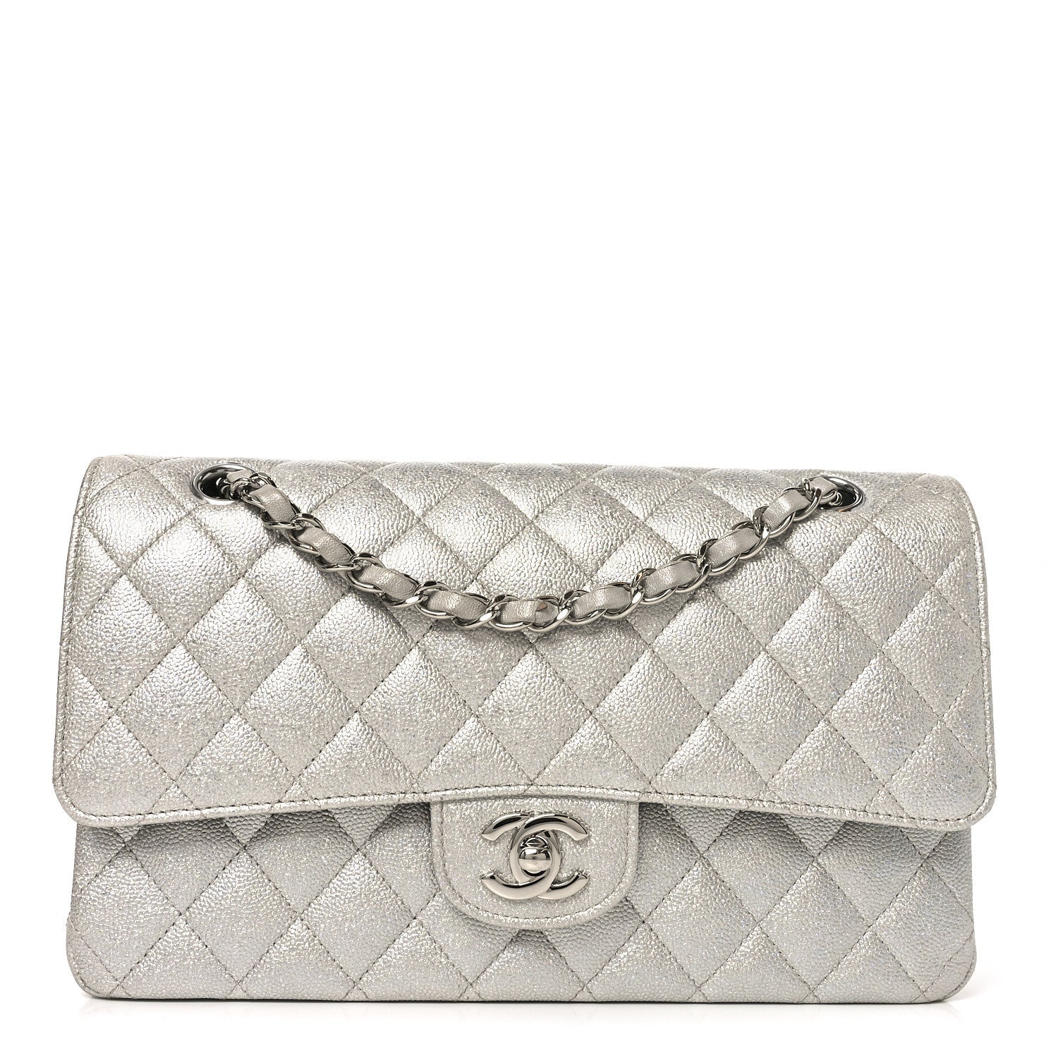 Chanel Glittered Metallic Caviar Quilted Medium Double Flap Silver
